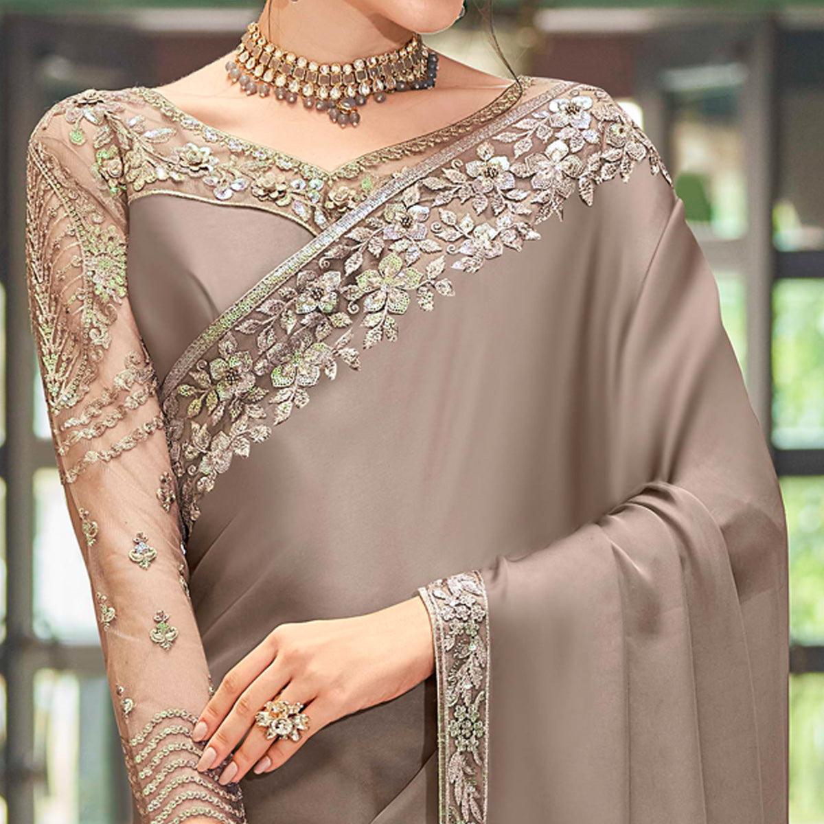 Coffee Floral Sequence Embroidered Art Silk Saree - Peachmode