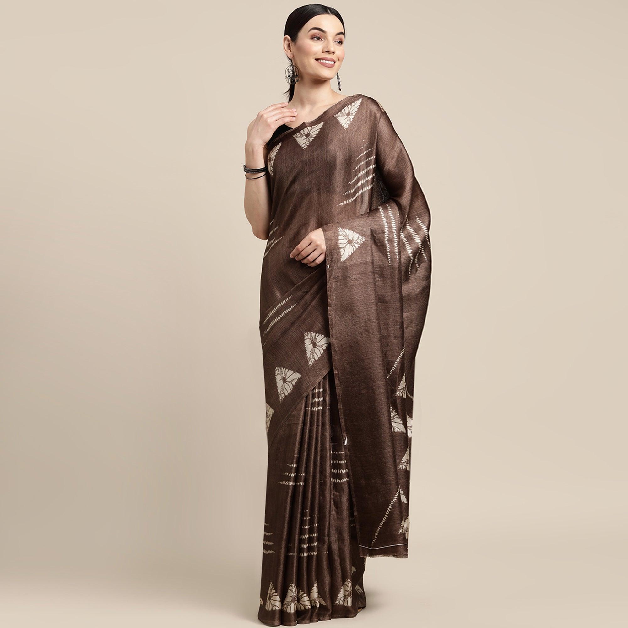 Coffee Geometric Printed Cotton Silk Saree - Peachmode