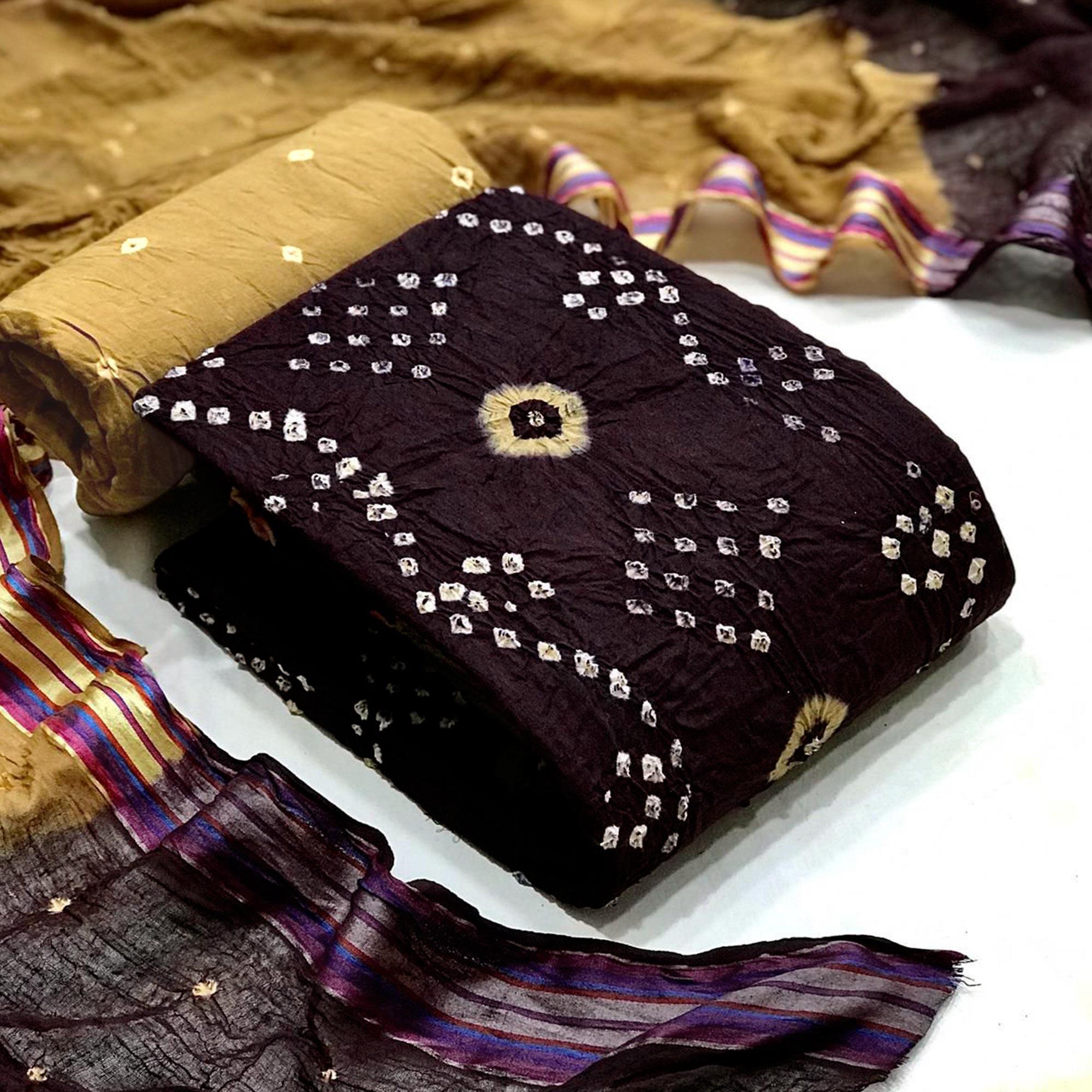 Coffee Hand Bandhani Printed Pure Cotton Dress Material - Peachmode