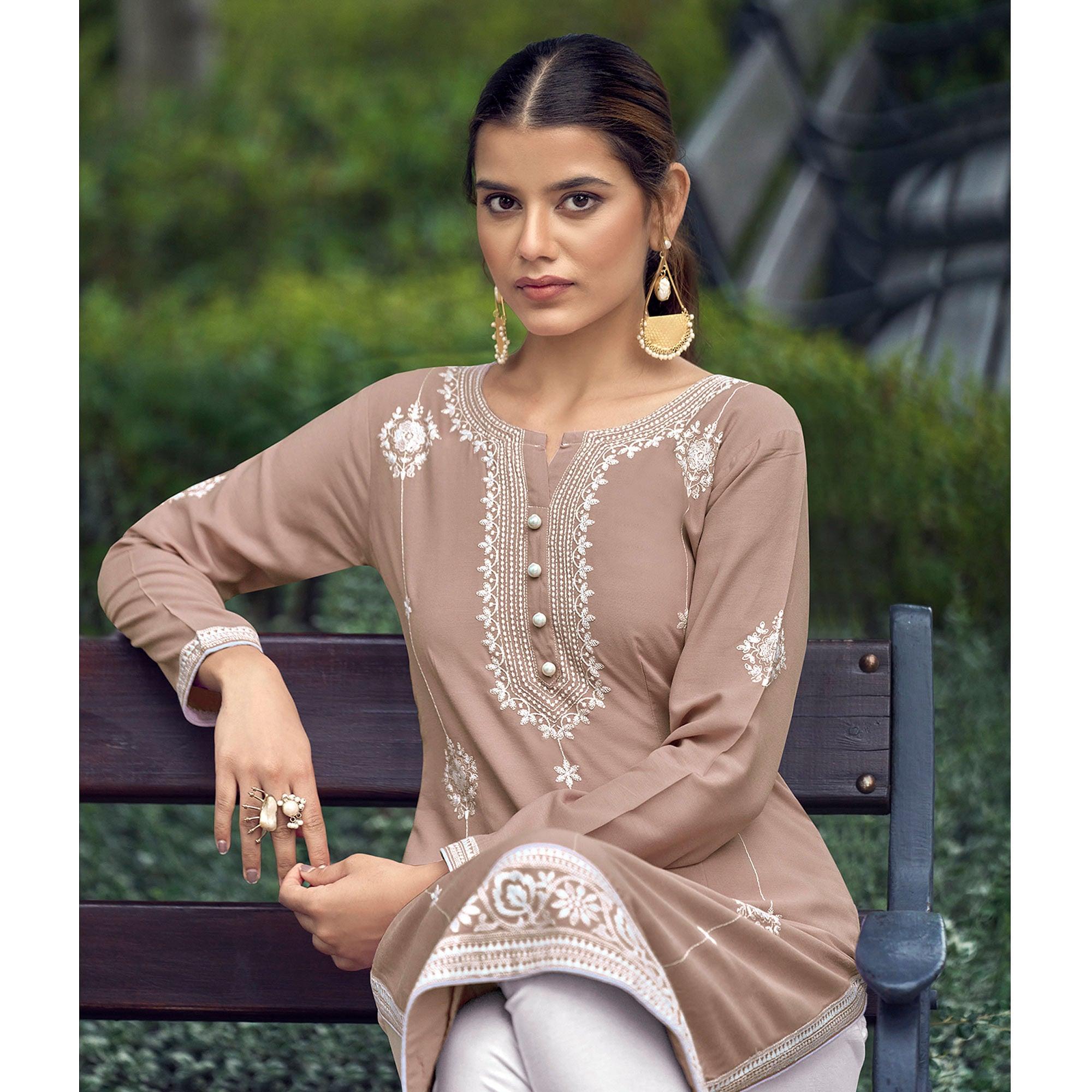 Coffee Lakhnawi Work Rayon Kurti - Peachmode