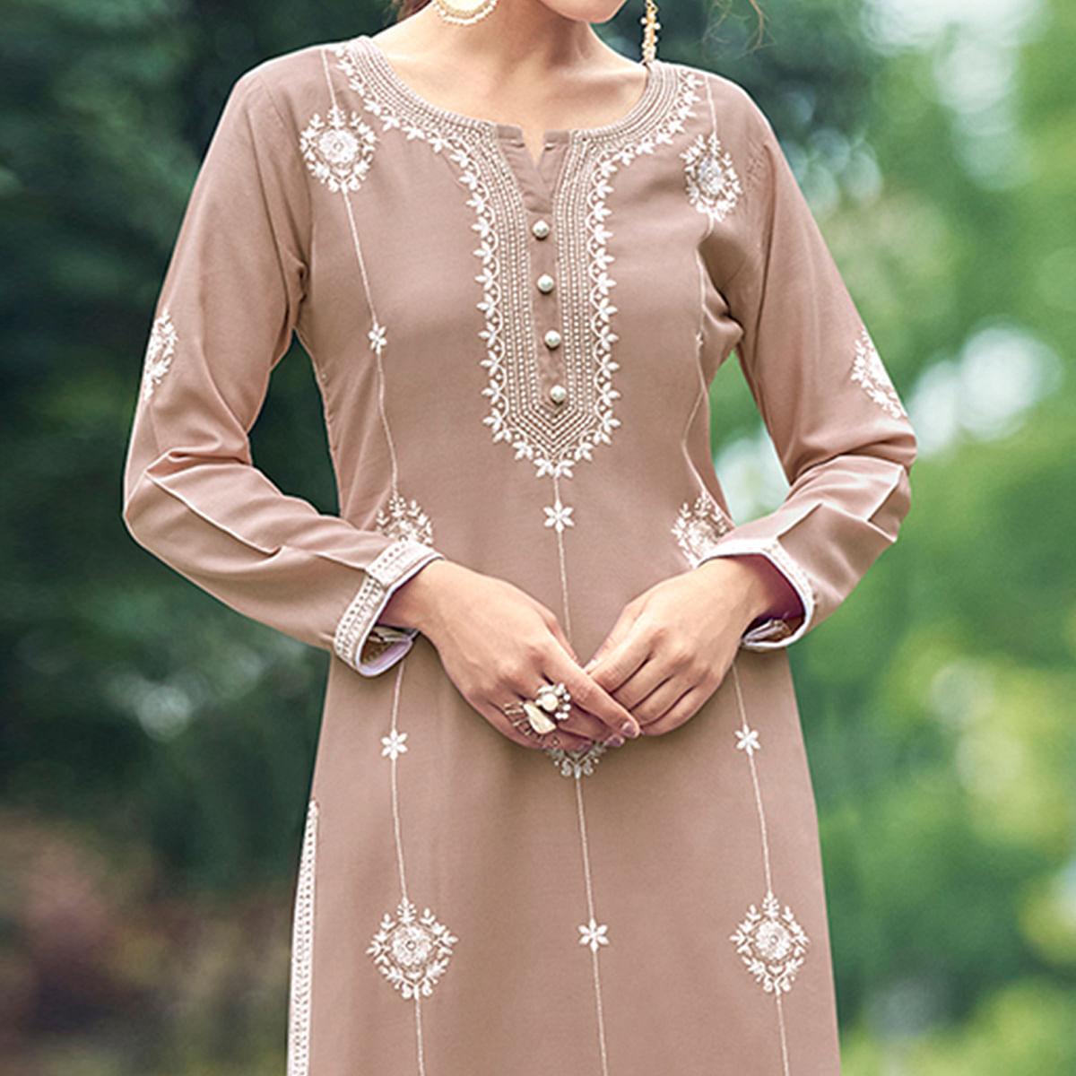 Coffee Lakhnawi Work Rayon Kurti - Peachmode