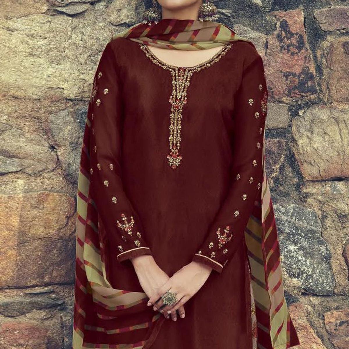 Coffee Partywear Embroidered Royal French Crepe Patiala Suit - Peachmode