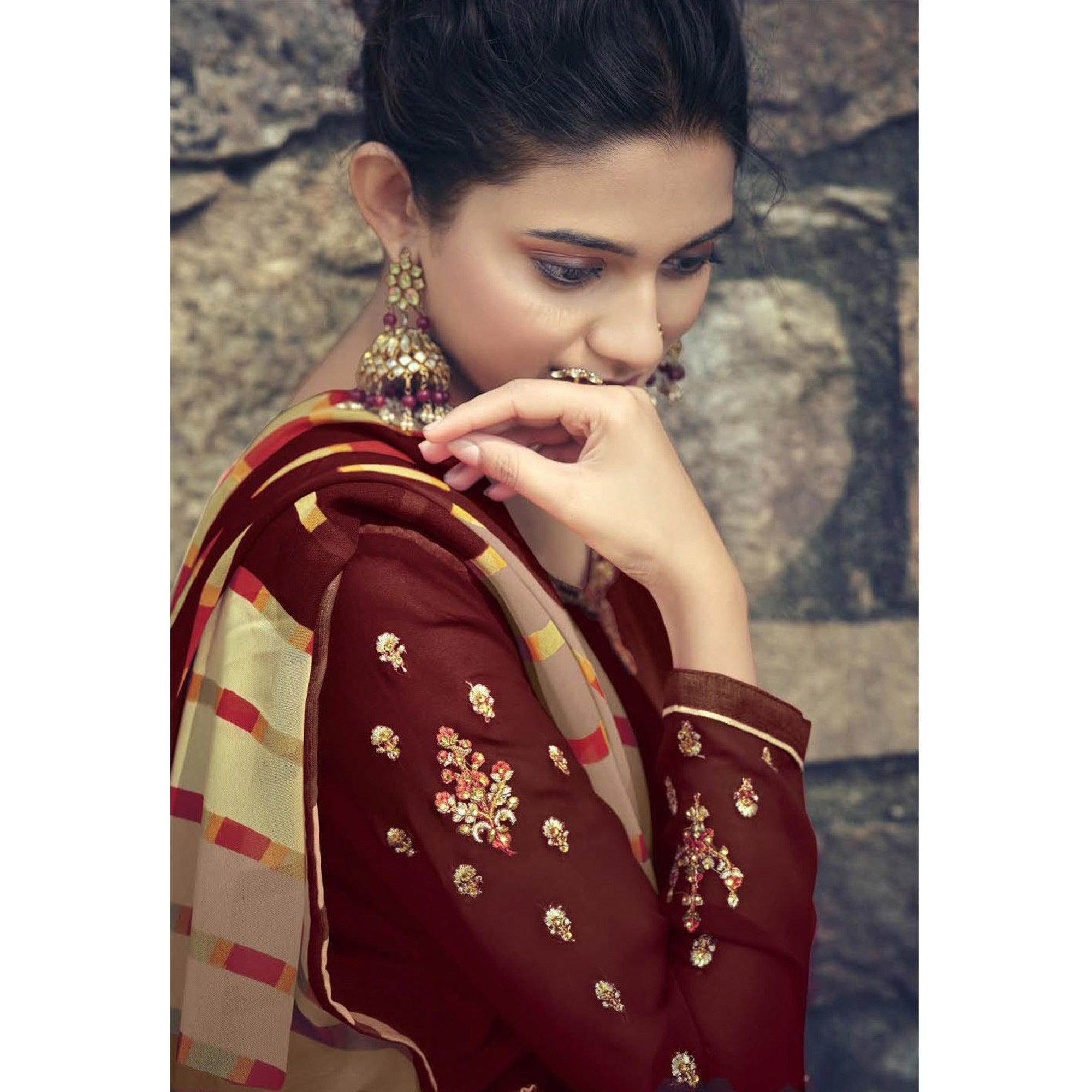 Coffee Partywear Embroidered Royal French Crepe Patiala Suit - Peachmode