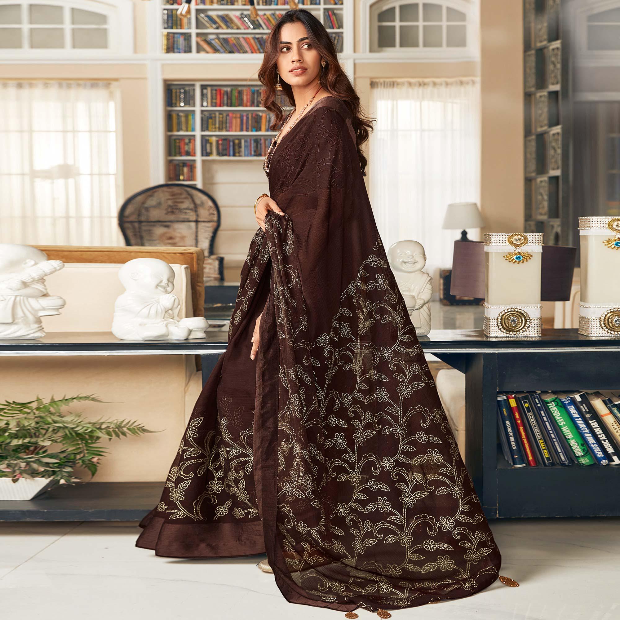 Coffee Printed Art Silk Saree With Tassels - Peachmode