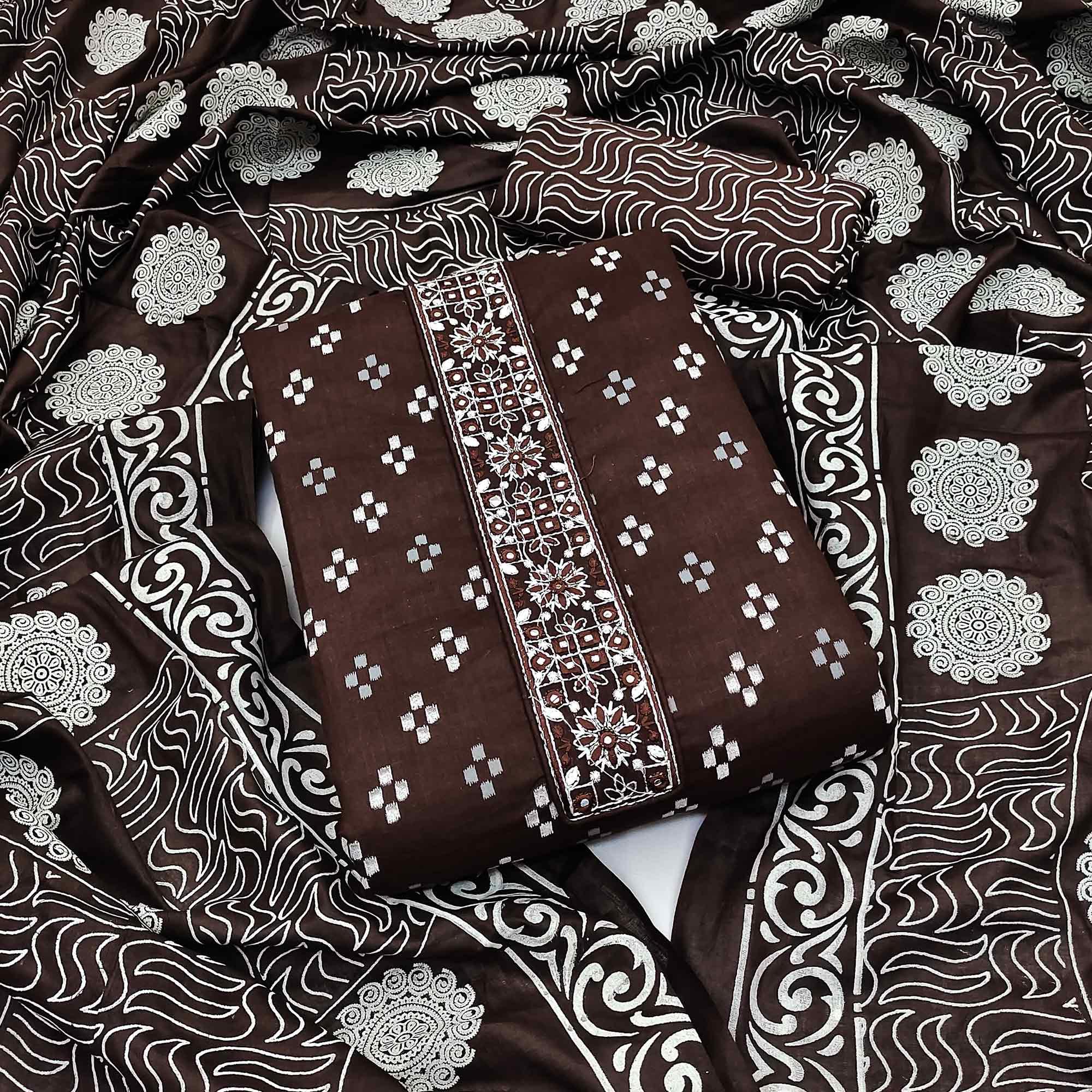 Coffee Printed With Embroidered Cotton Blend Dress Material - Peachmode