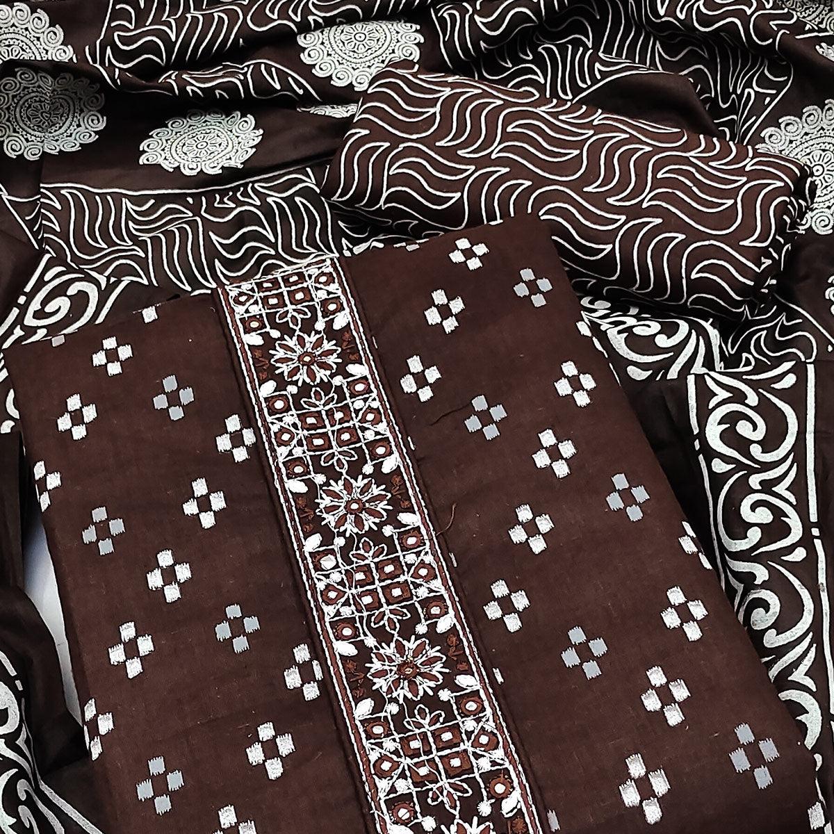 Coffee Printed With Embroidered Cotton Blend Dress Material - Peachmode