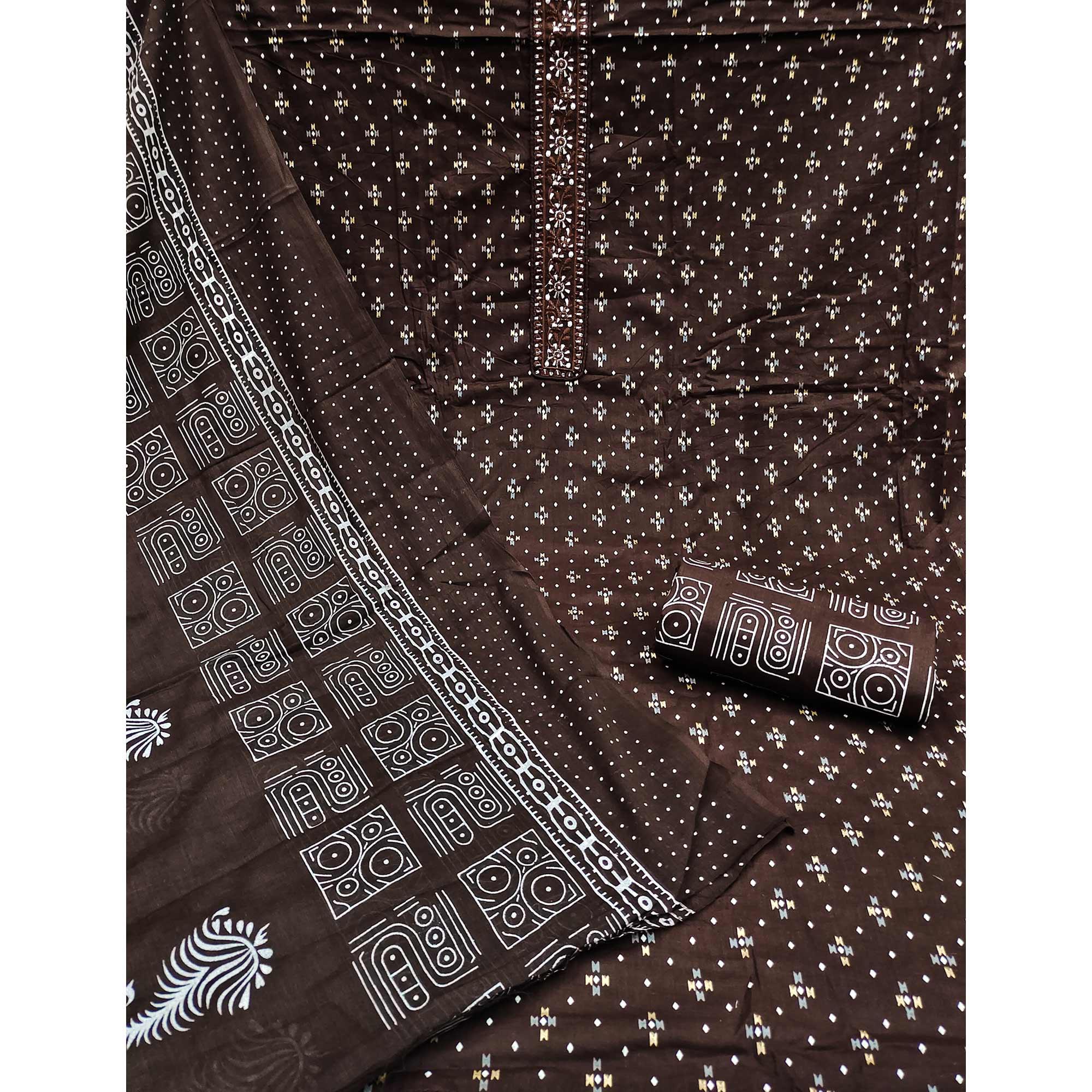 Coffee Printed With Embroidered Cotton Blend Dress Material - Peachmode
