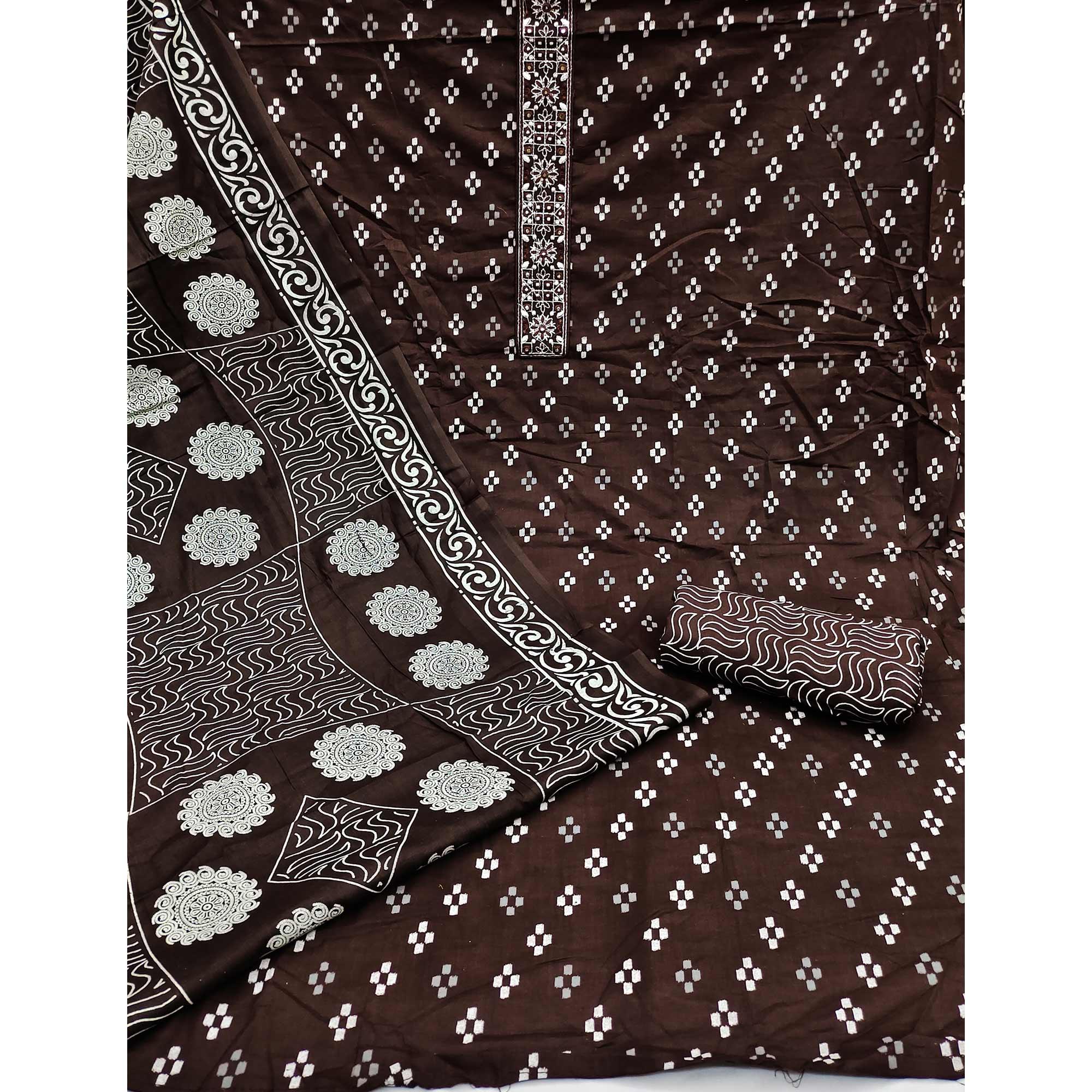 Coffee Printed With Embroidered Cotton Blend Dress Material - Peachmode