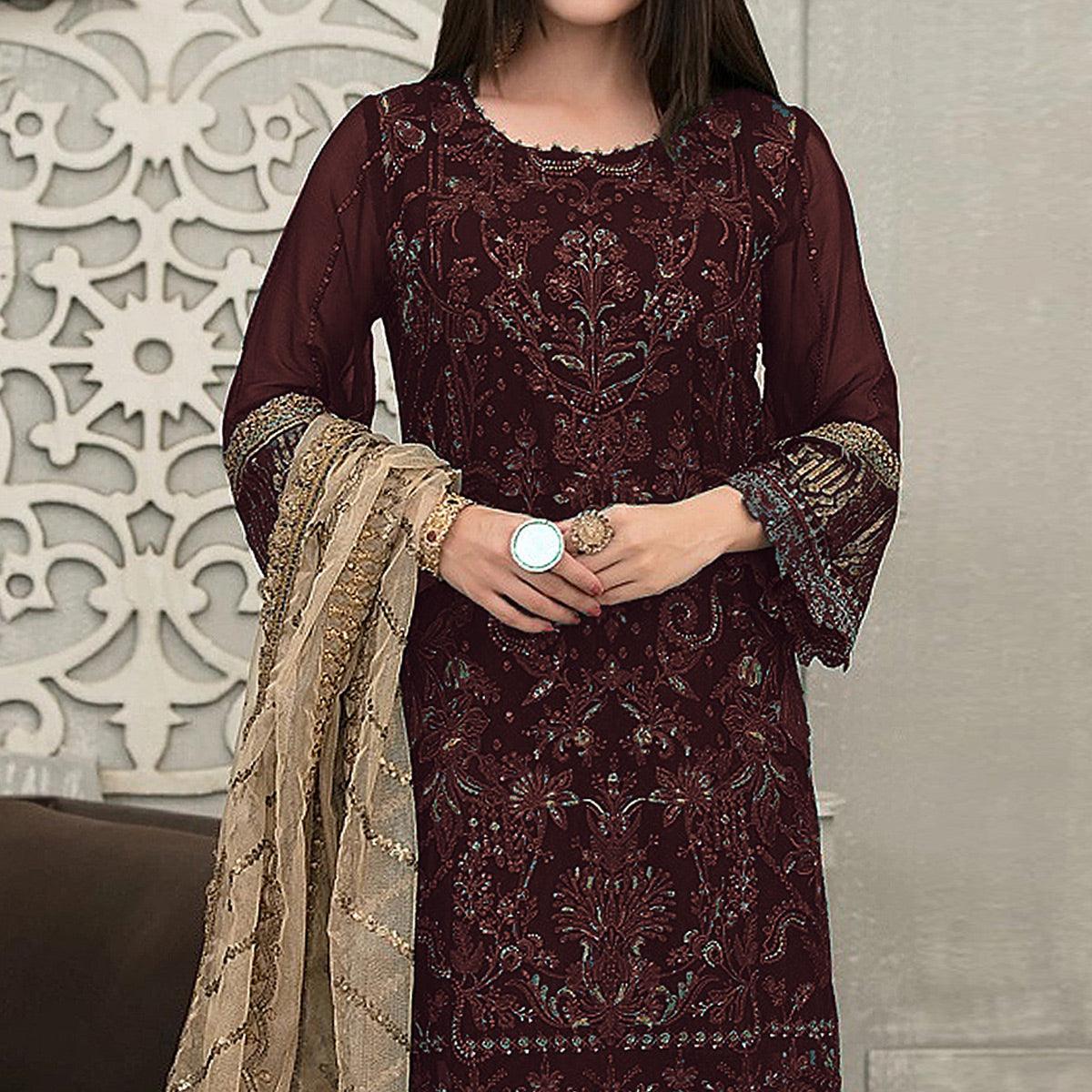 Coffee Sequence With Floral Embroidered Georgette Pakistani Suit - Peachmode