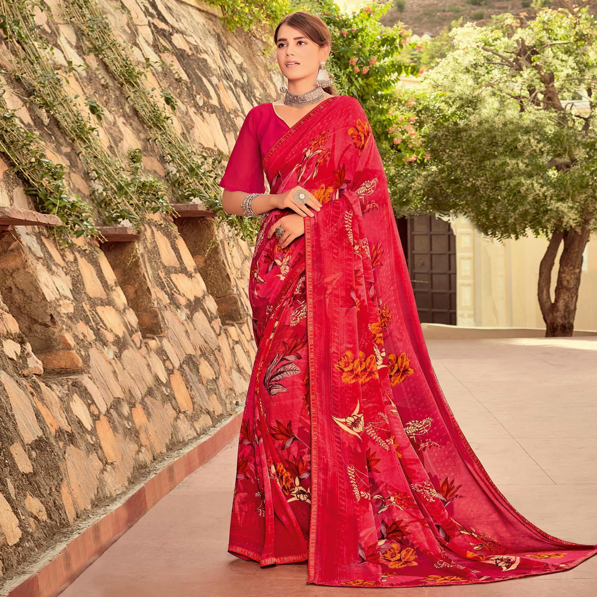 Coral Pink Casual Wear Printed Georgette Saree - Peachmode