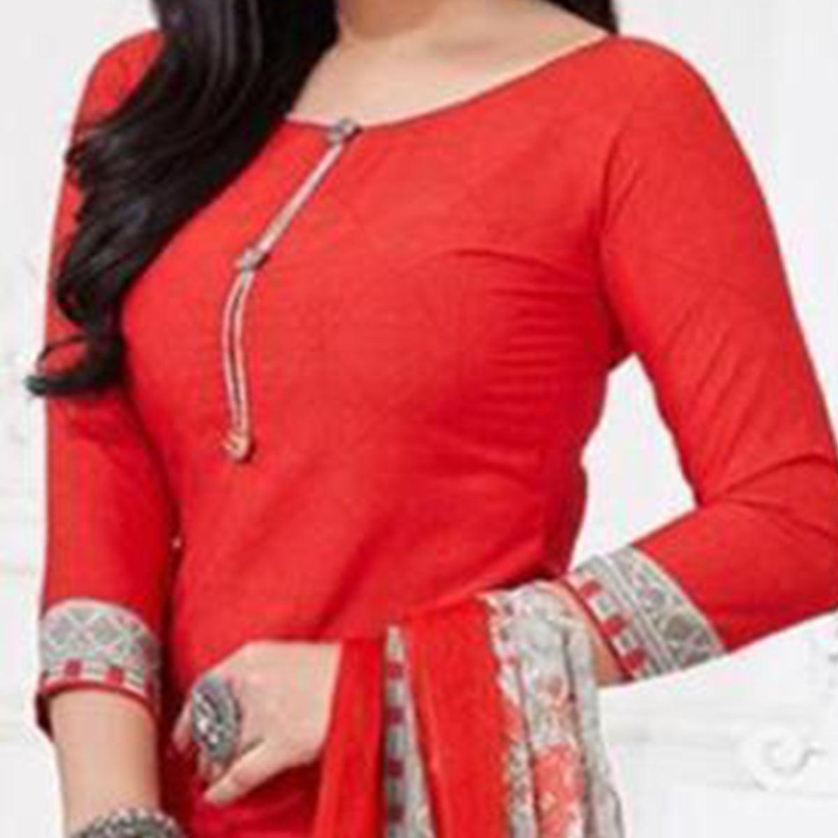 Coral Red Casual Wear Printed Leon Patiala Dress Material - Peachmode