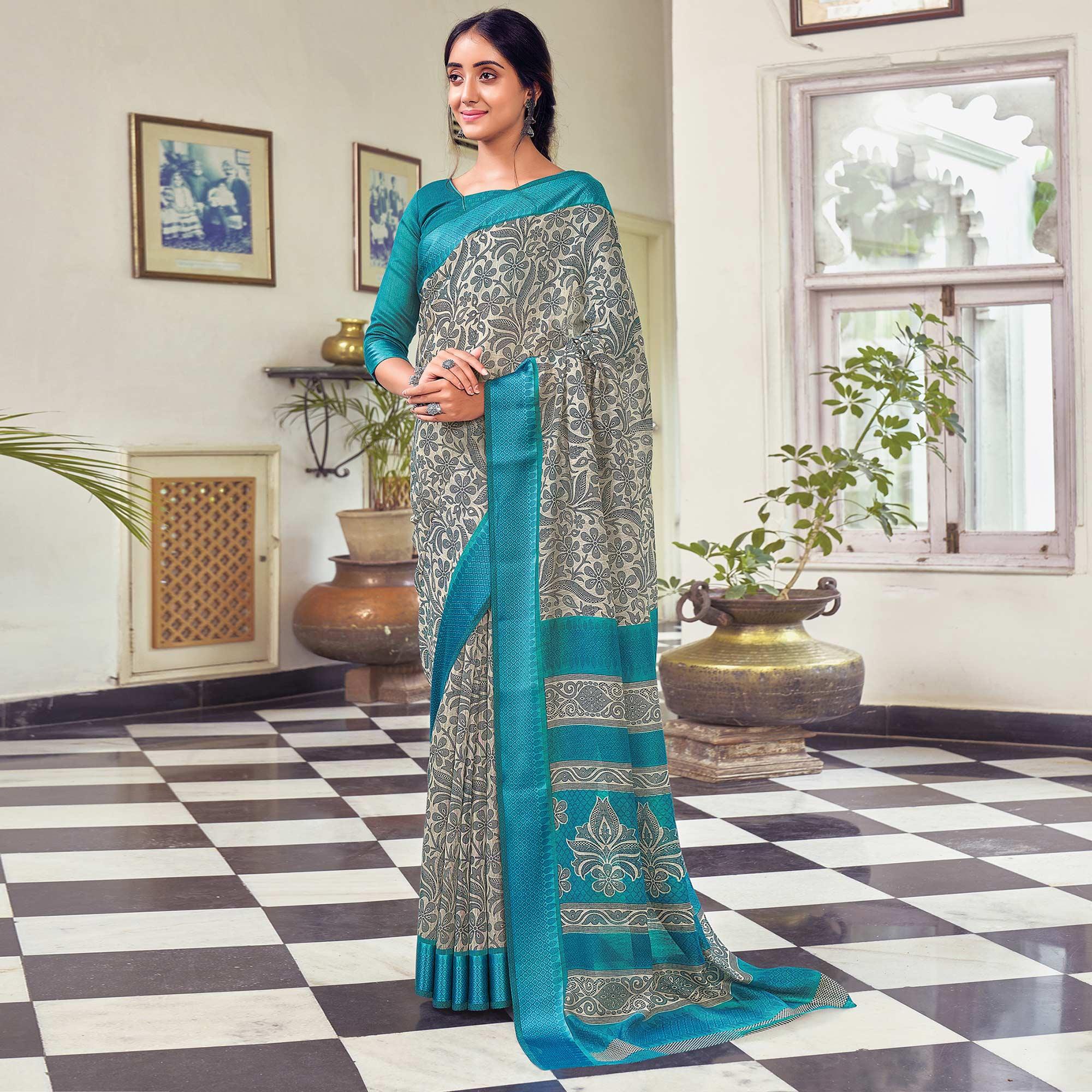 Cream & Grey Casual Wear Printed Cotton Saree - Peachmode