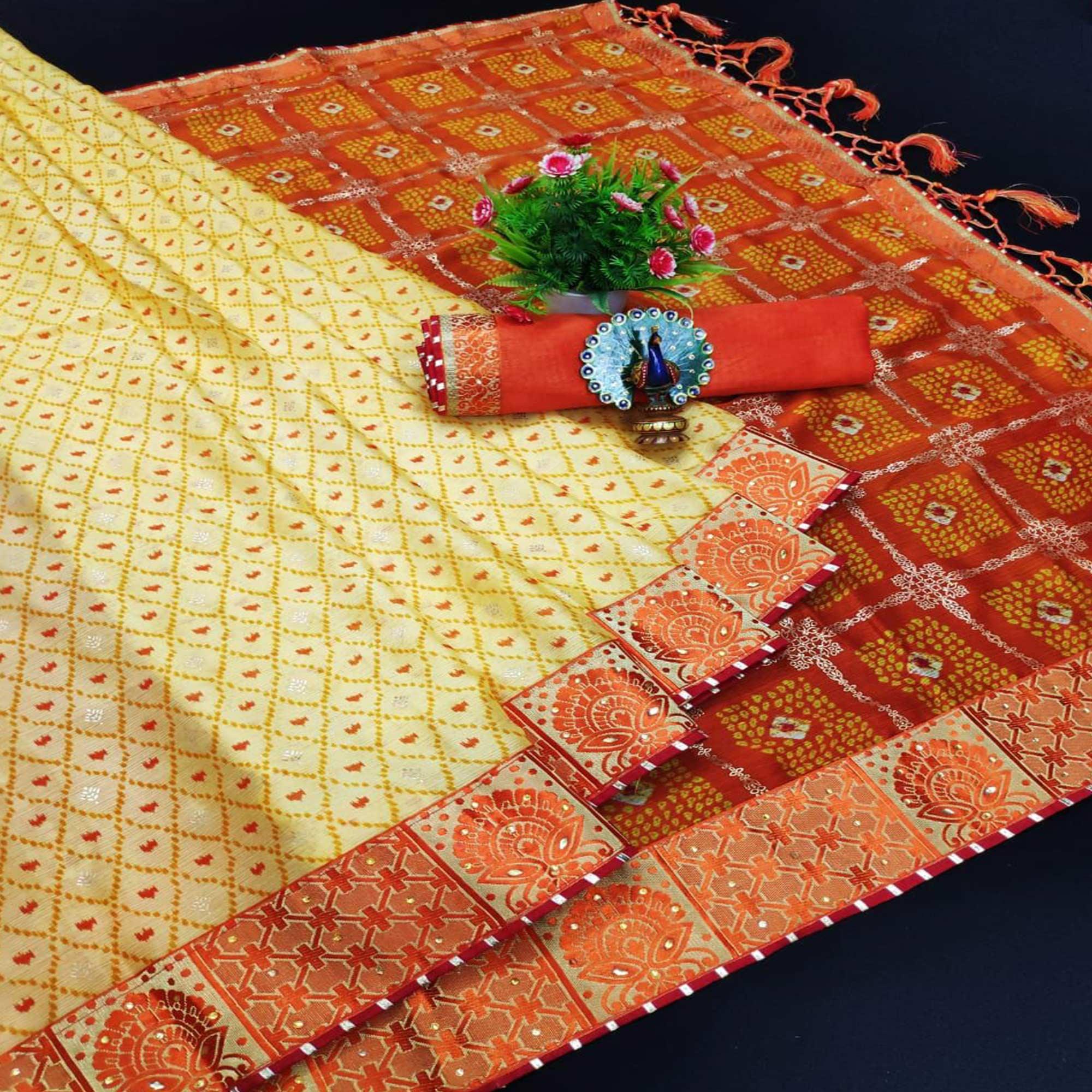 Cream & Orange Festive Wear Bandhani Printed Chiffon Saree With Diamond Border - Peachmode