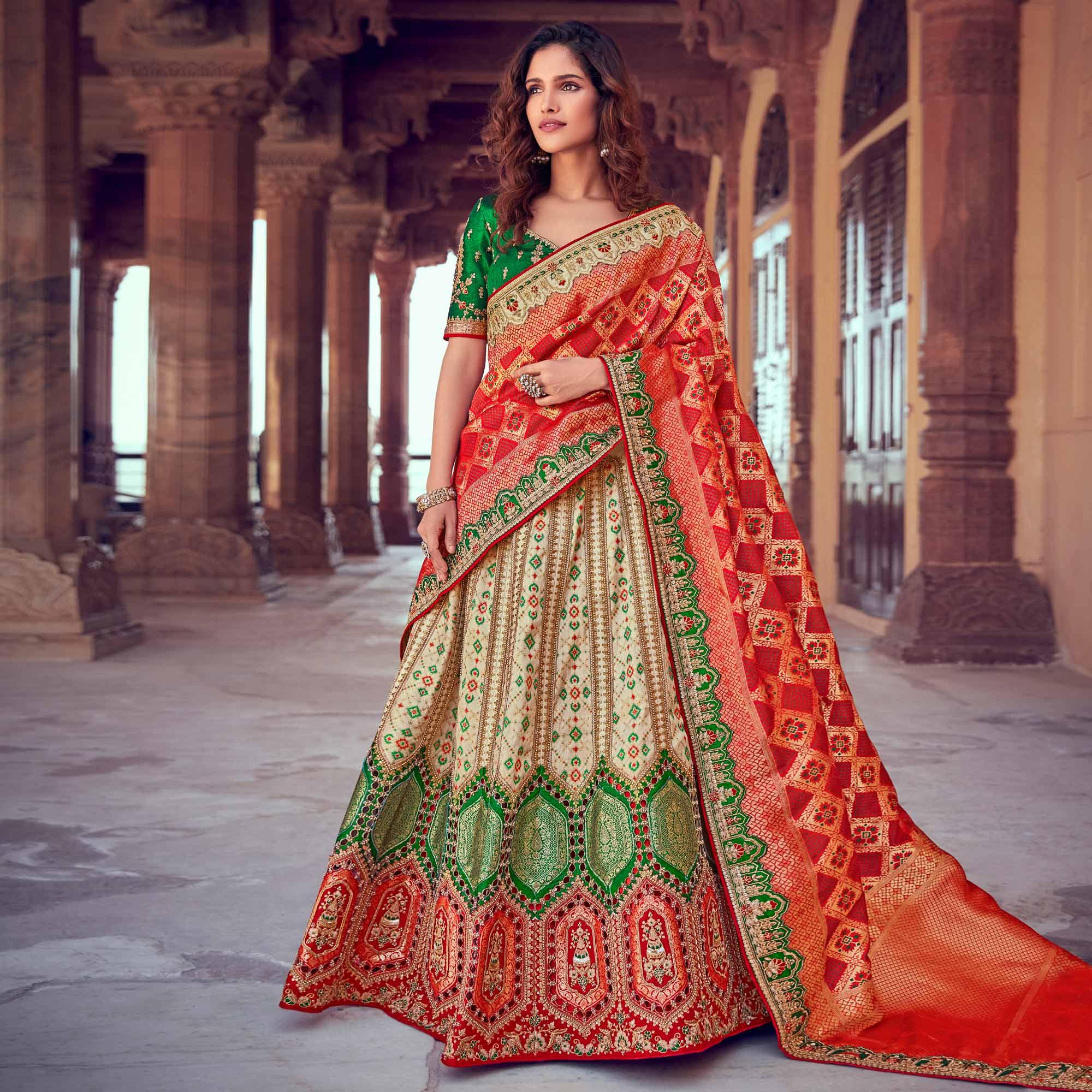Cream & Red Wedding Wear Woven & Embroidered Silk Lehenga Choli - Peachmode