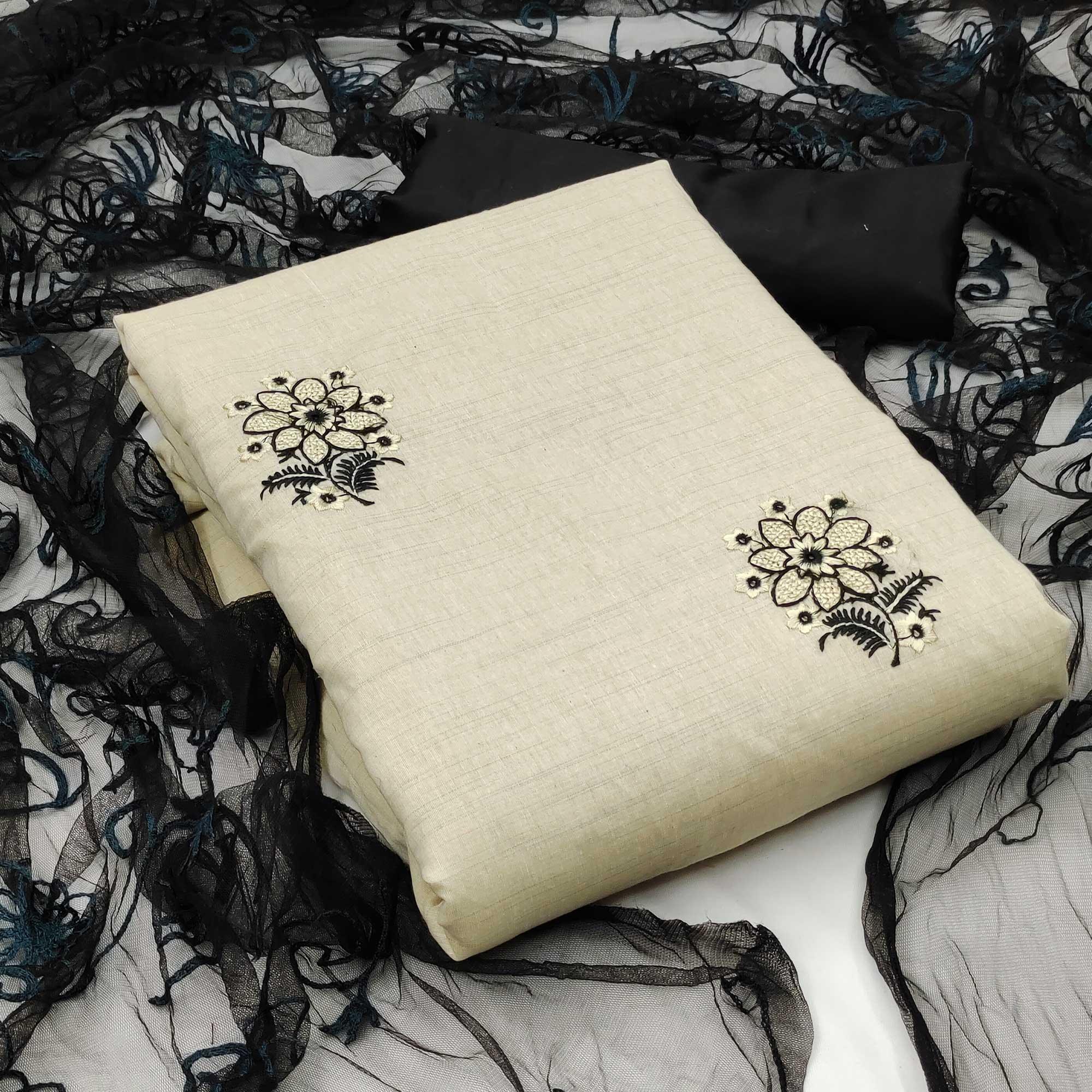 Cream - Black Casual Wear Floral Embroidered Cotton Dress Material - Peachmode