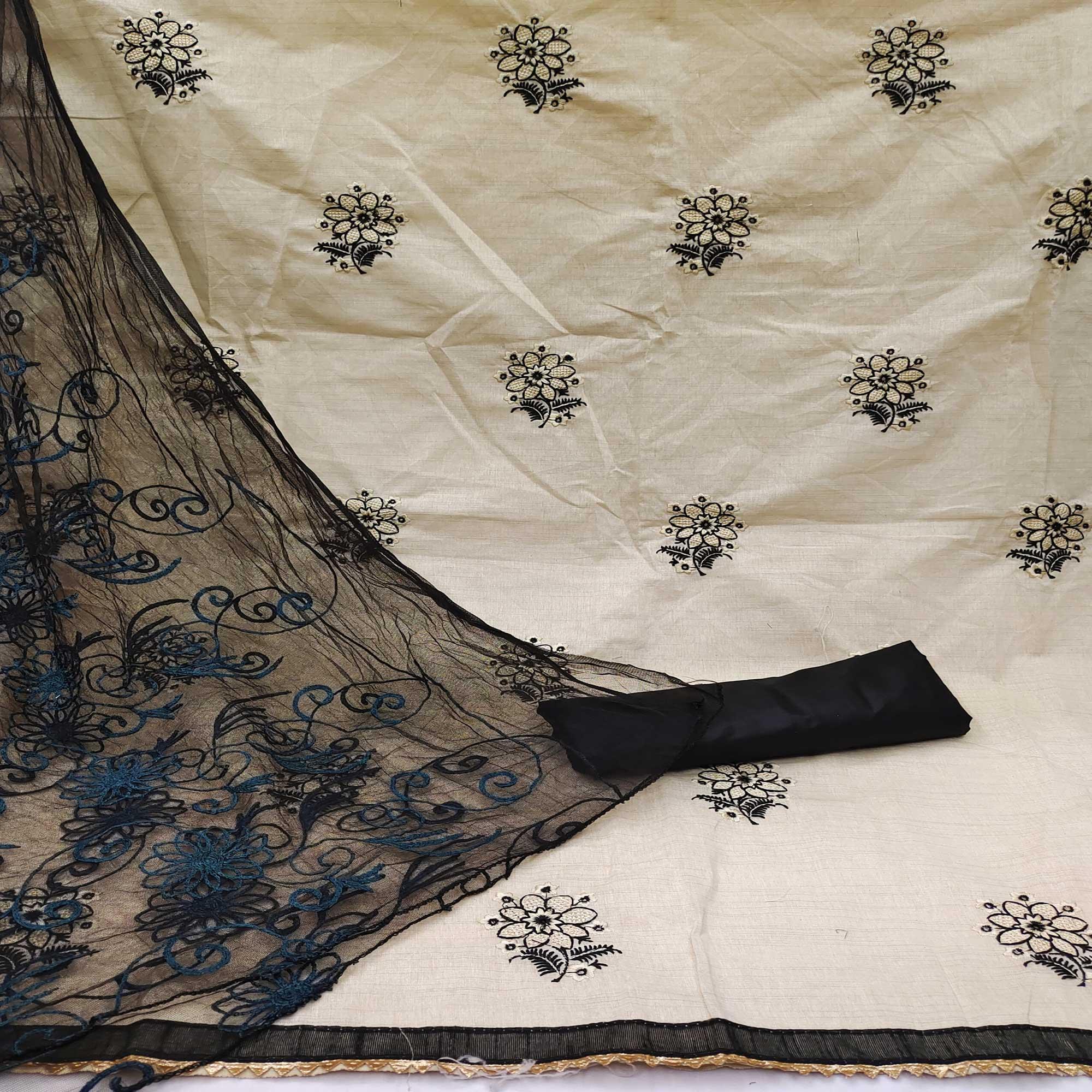 Cream - Black Casual Wear Floral Embroidered Cotton Dress Material - Peachmode