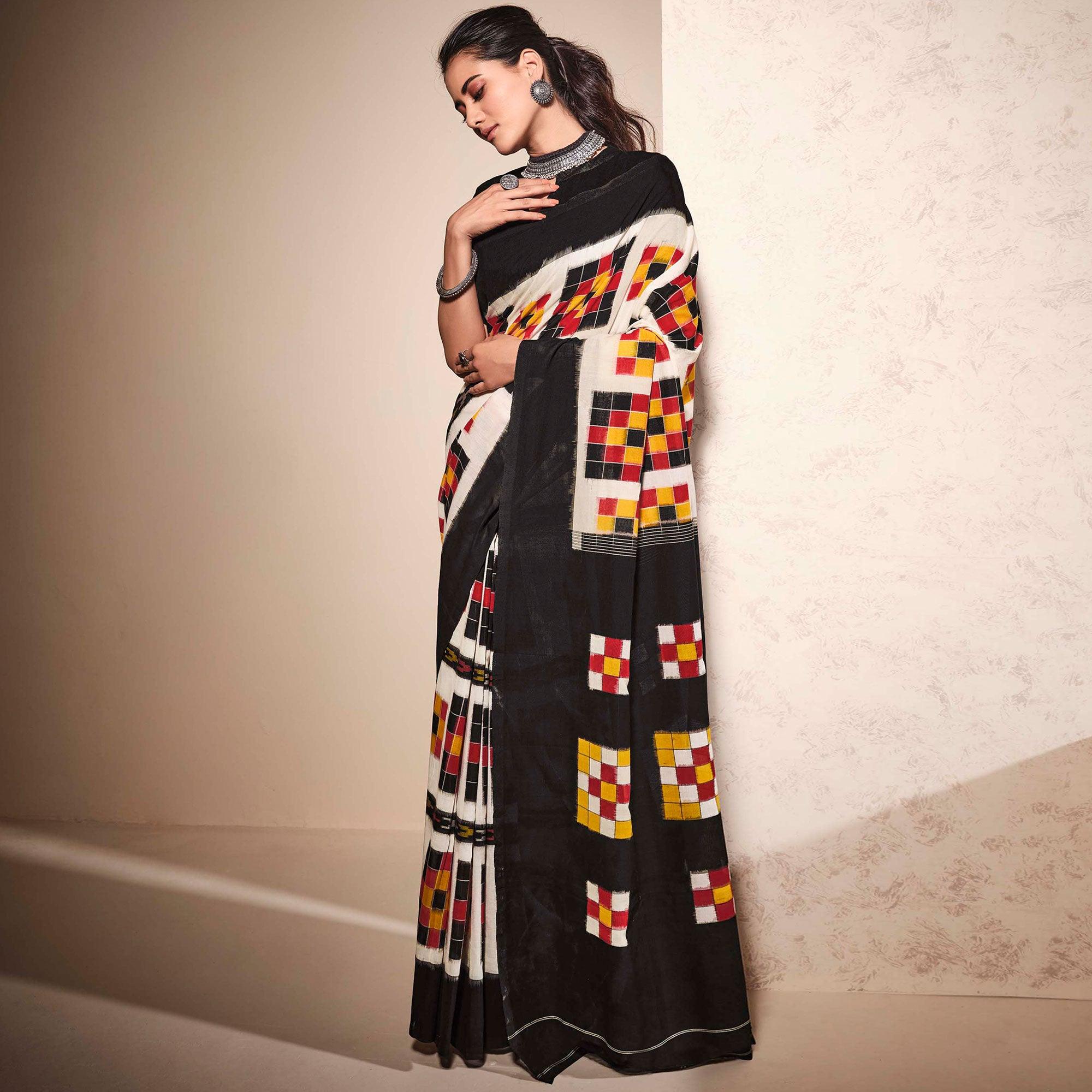 Cream-Black Casual Wear Ikkat Printed Mul Mul Cotton Saree - Peachmode
