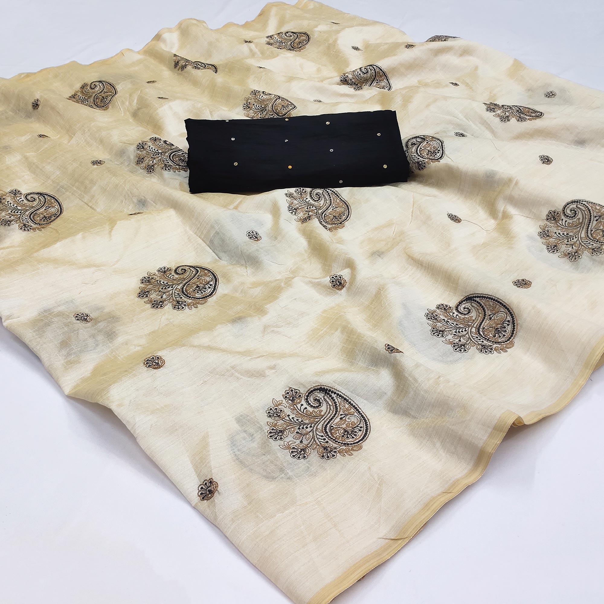 Cream-Black Embroidered Assam Silk Saree - Peachmode
