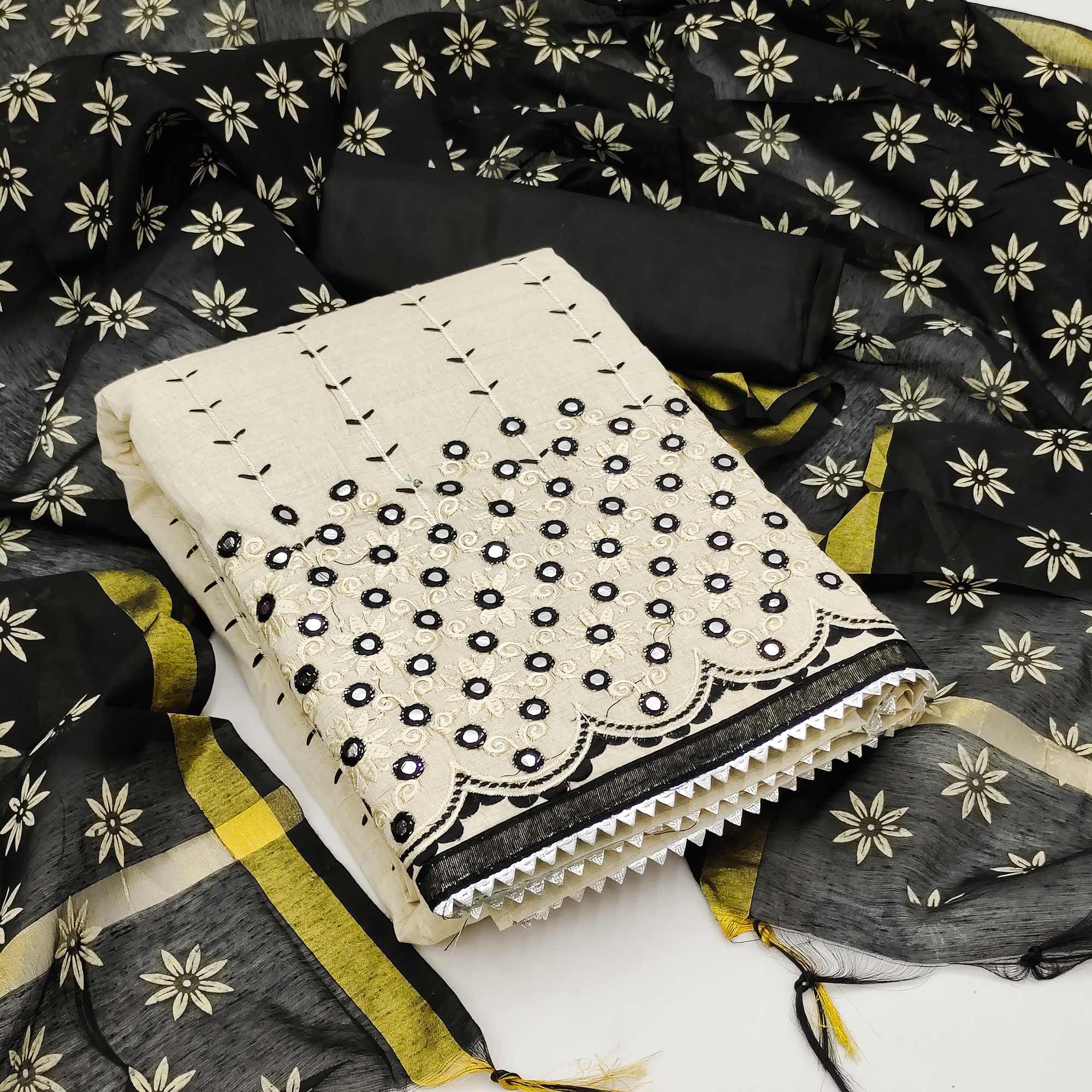 Cream - Black Festive Wear Embroidery With Mirror Work Cotton Dress Material - Peachmode