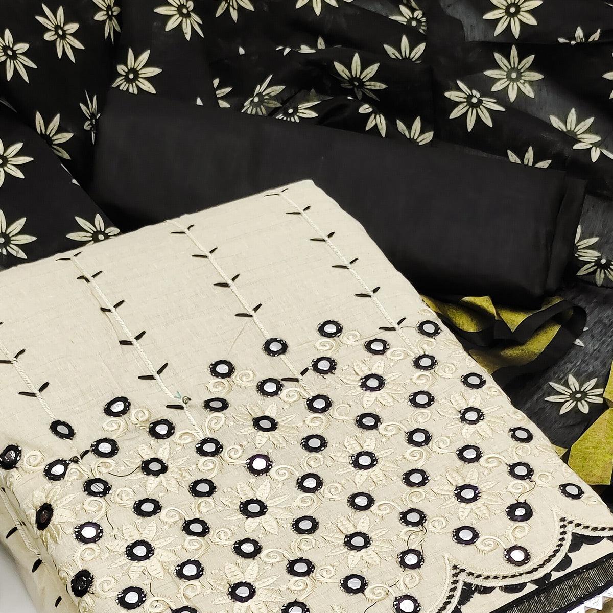 Cream - Black Festive Wear Embroidery With Mirror Work Cotton Dress Material - Peachmode