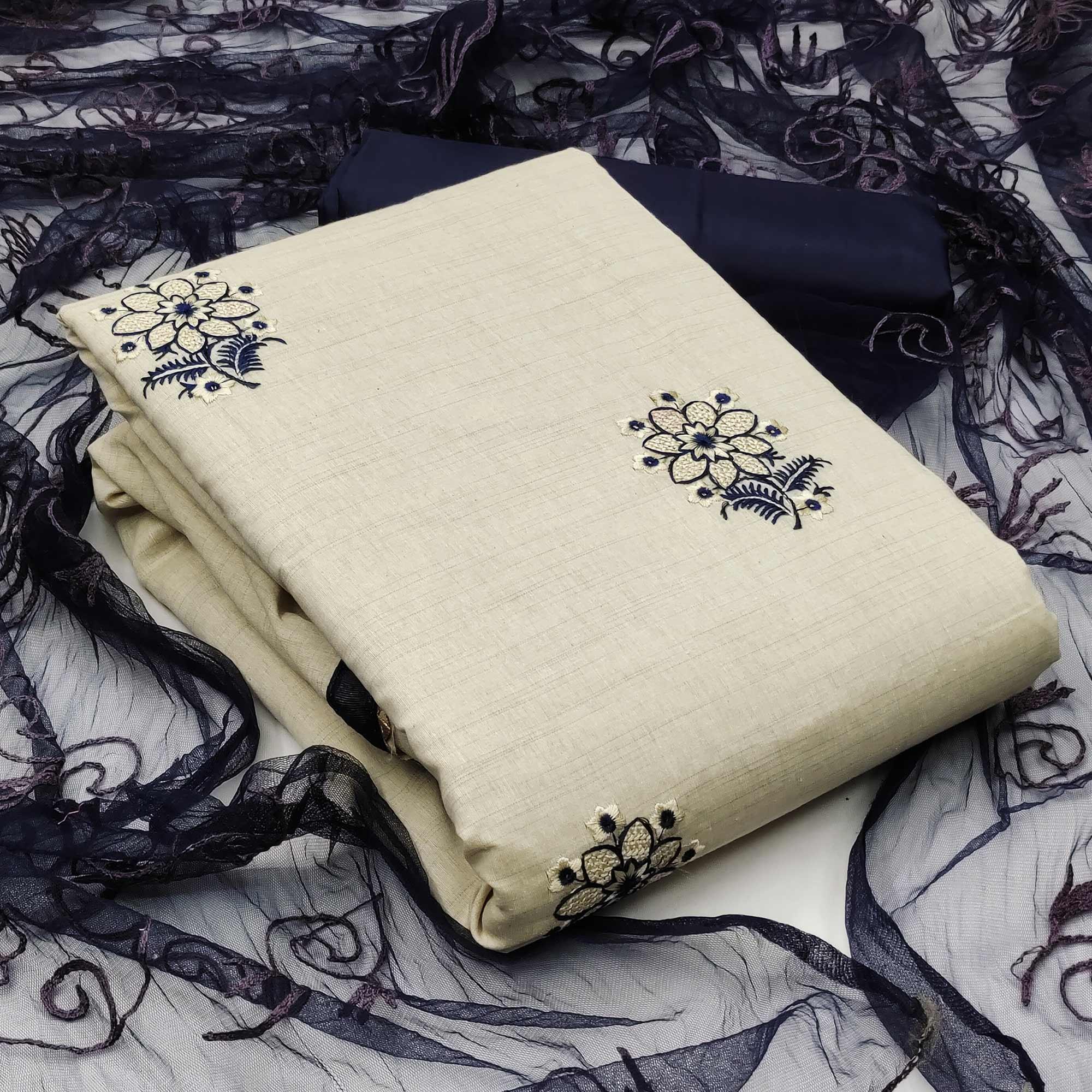 Cream - Blue Casual Wear Floral Embroidered Cotton Dress Material - Peachmode
