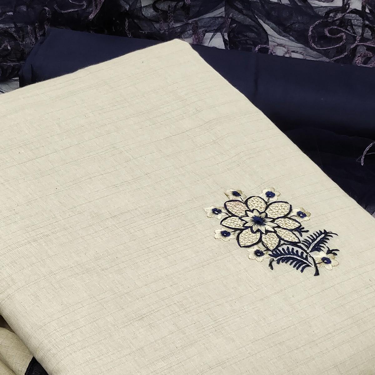 Cream - Blue Casual Wear Floral Embroidered Cotton Dress Material - Peachmode