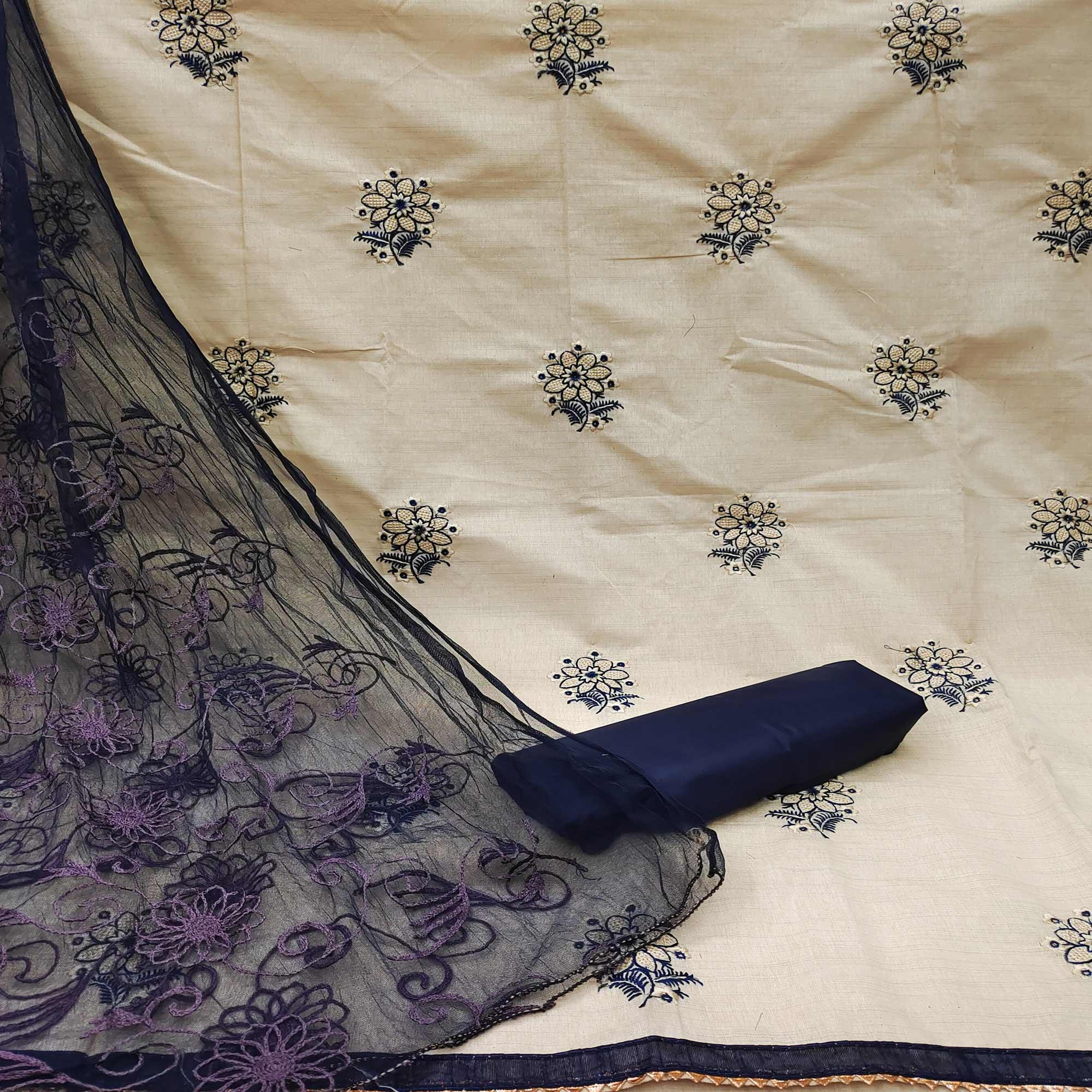 Cream - Blue Casual Wear Floral Embroidered Cotton Dress Material - Peachmode