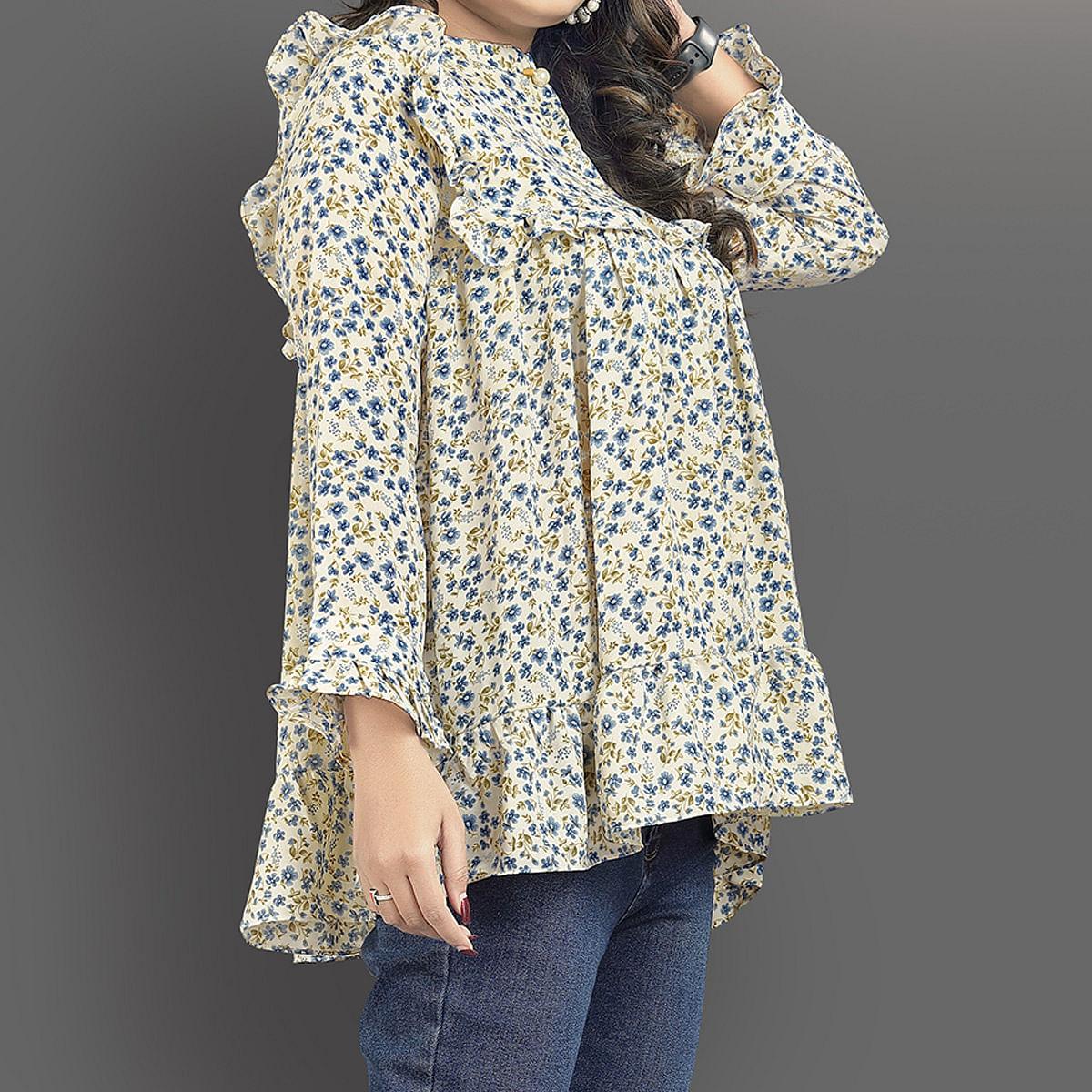 Cream-Blue Casual Wear Floral Printed Lycra Top - Peachmode