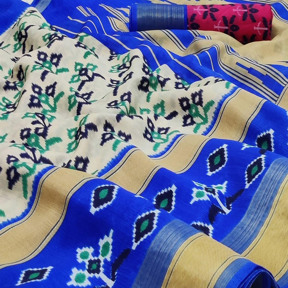 Cream-Blue Casual Wear Printed Cotton Saree With Jari Border - Peachmode