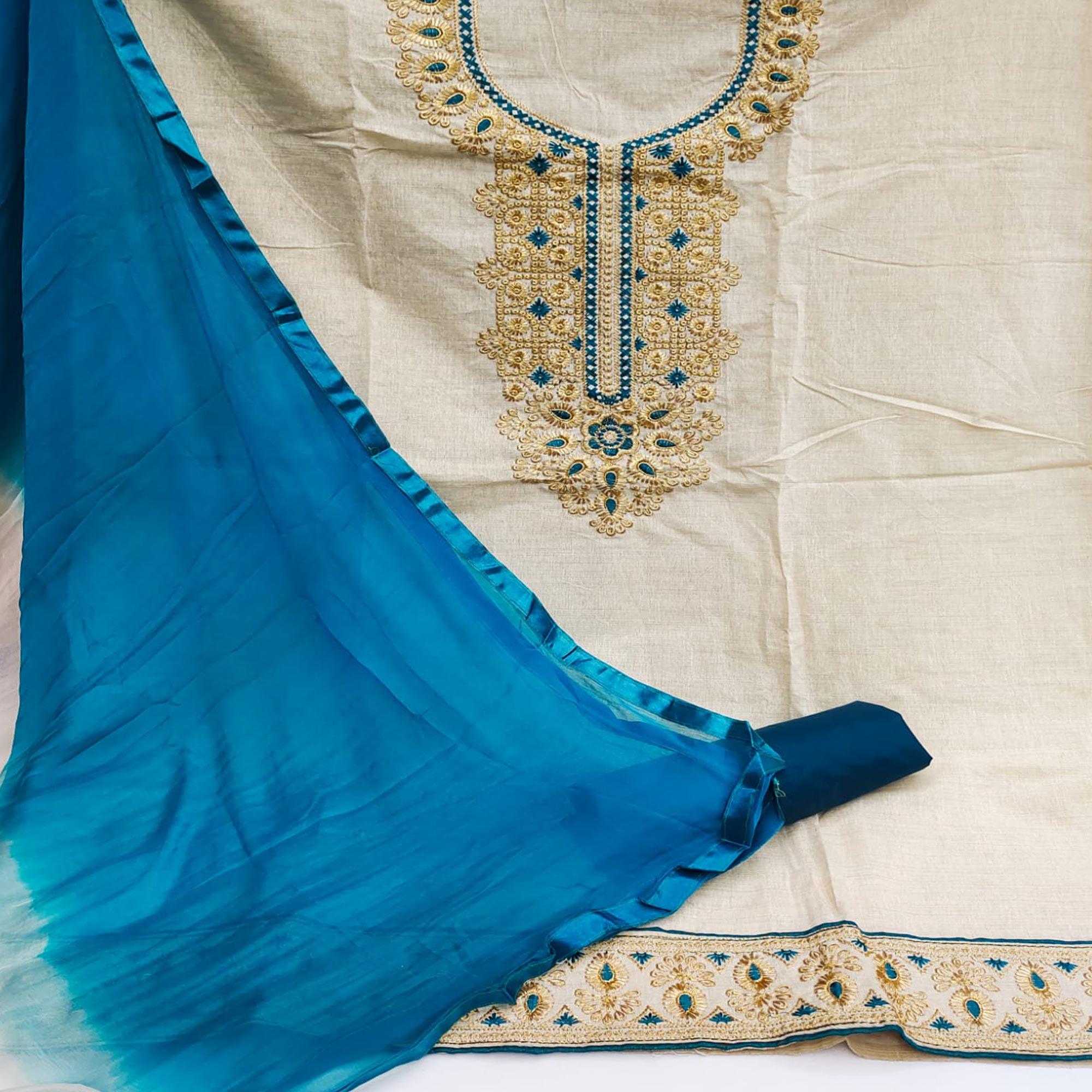 Cream-Blue Festive Wear Embroidery With Mirror Work Cotton Dress Material - Peachmode