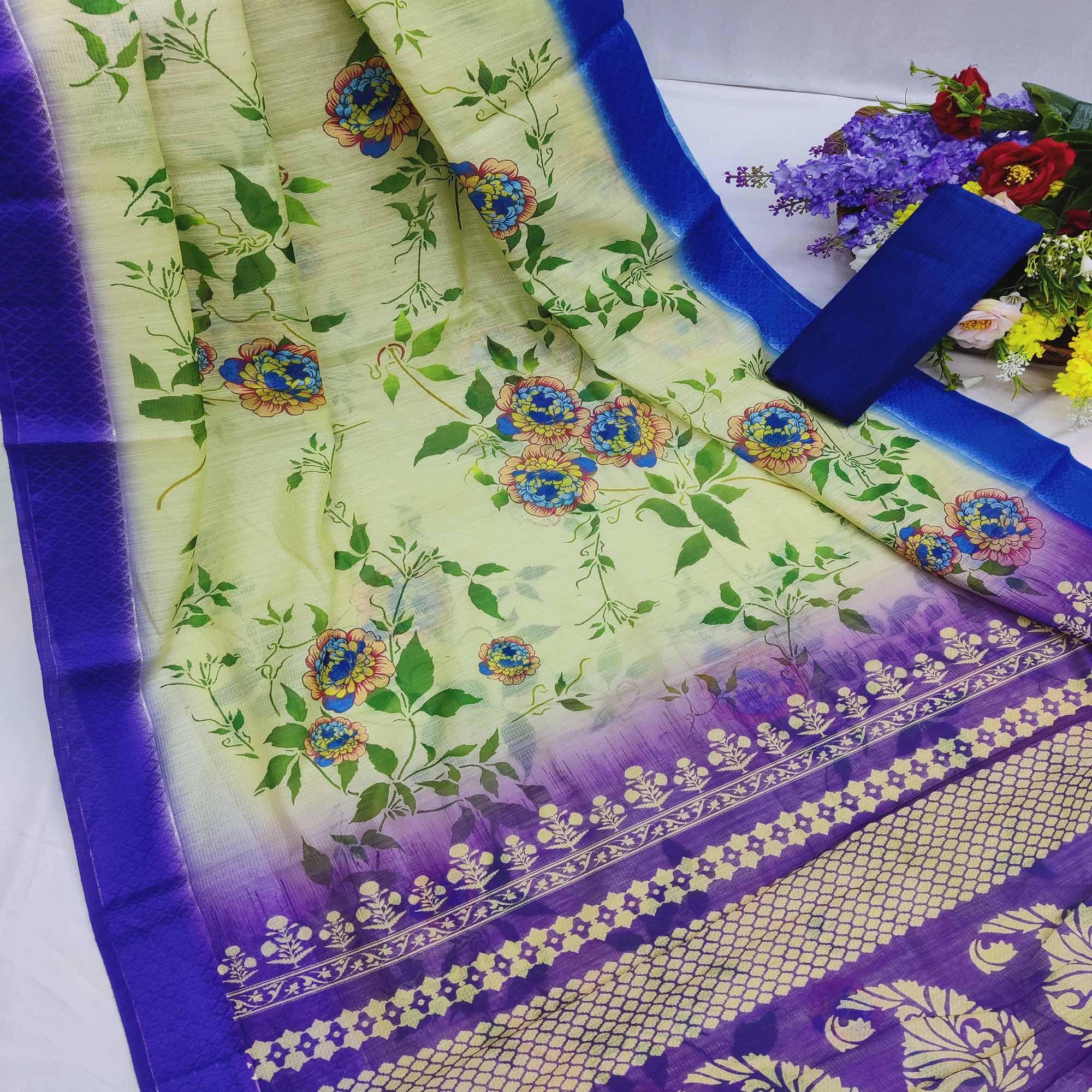 Cream-Blue Festive Wear Floral Digital Printed With Woven Border Soft Cotton Saree - Peachmode