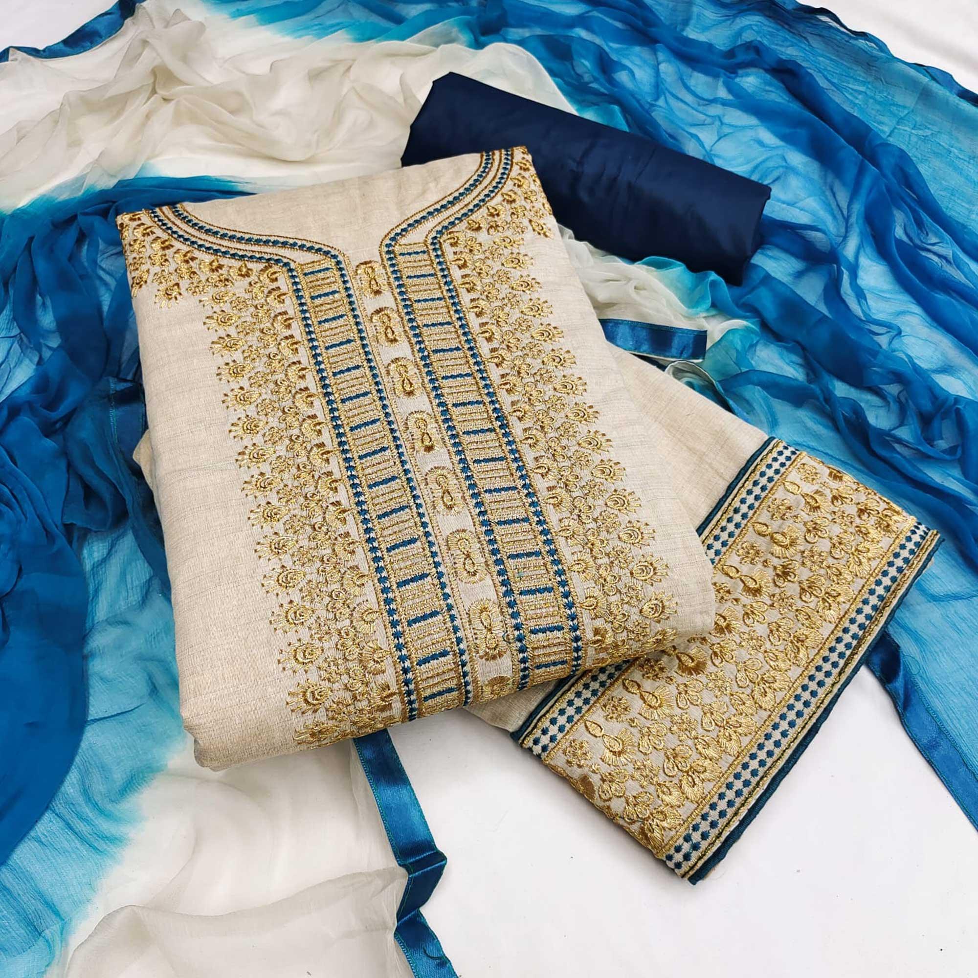 Cream-Blue Festive Wear Mirror Work Cotton Dress Material - Peachmode