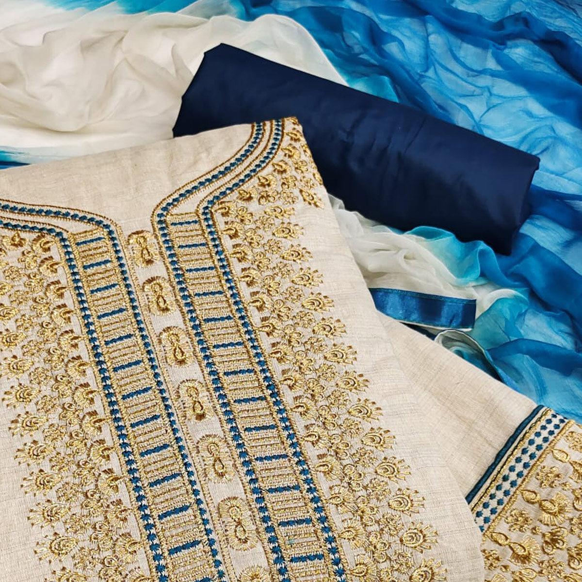 Cream-Blue Festive Wear Mirror Work Cotton Dress Material - Peachmode