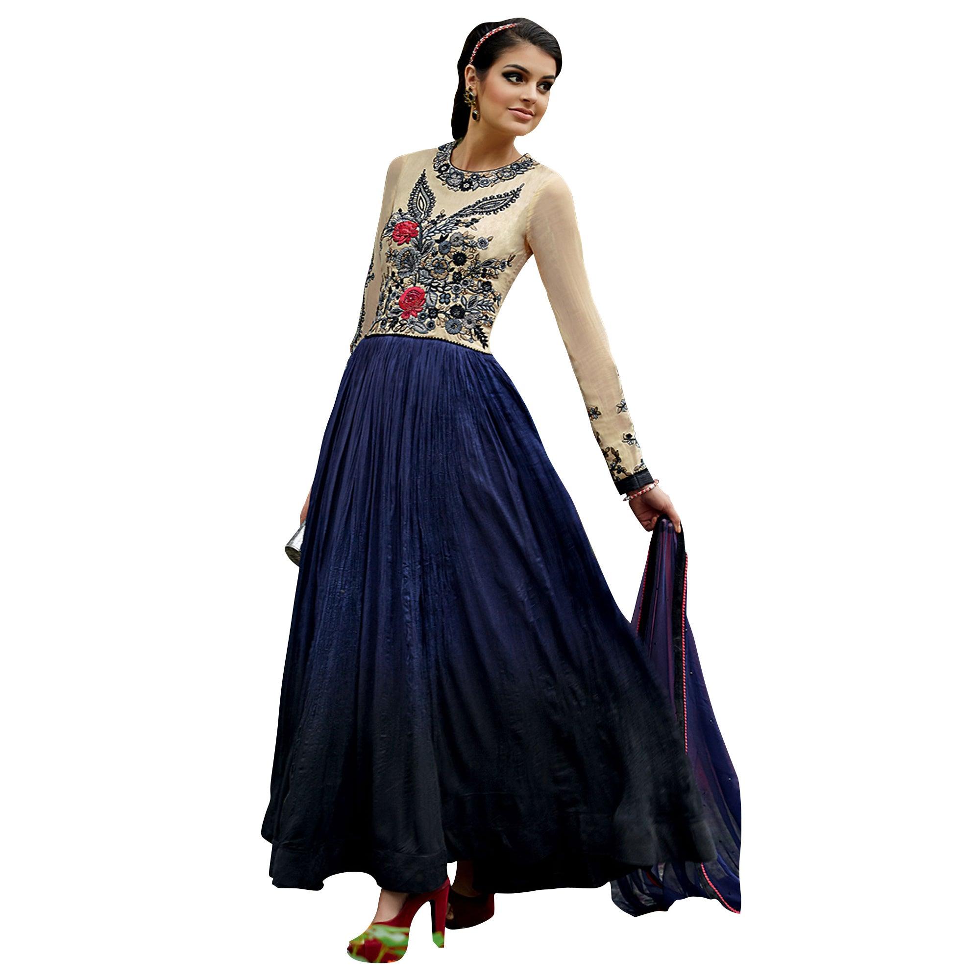Cream - Blue Floral Embroidered Anarkali Style Art Silk Gown - Peachmode