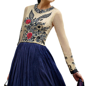 Cream - Blue Floral Embroidered Anarkali Style Art Silk Gown - Peachmode