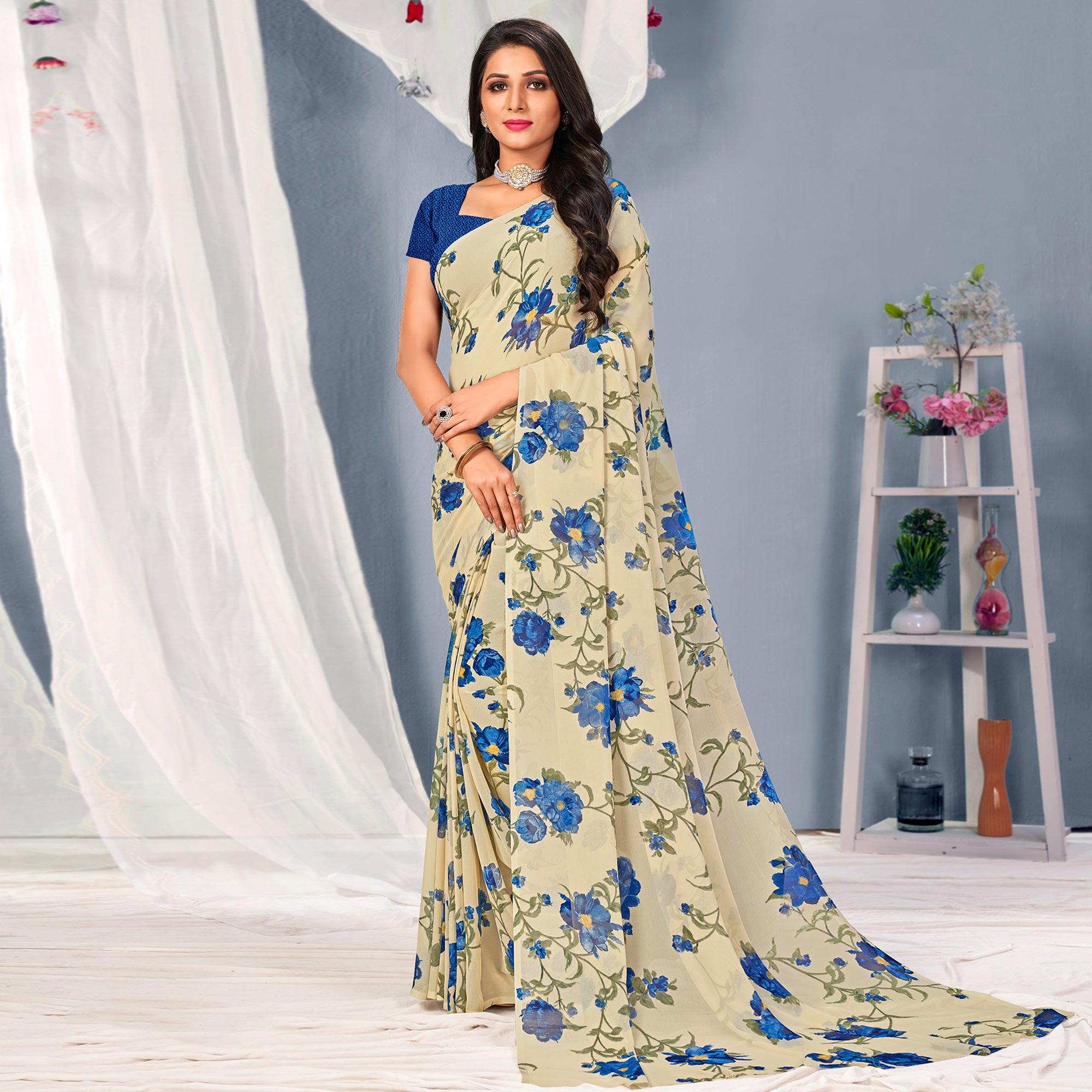 Cream-Blue Floral Printed Georgette Saree - Peachmode