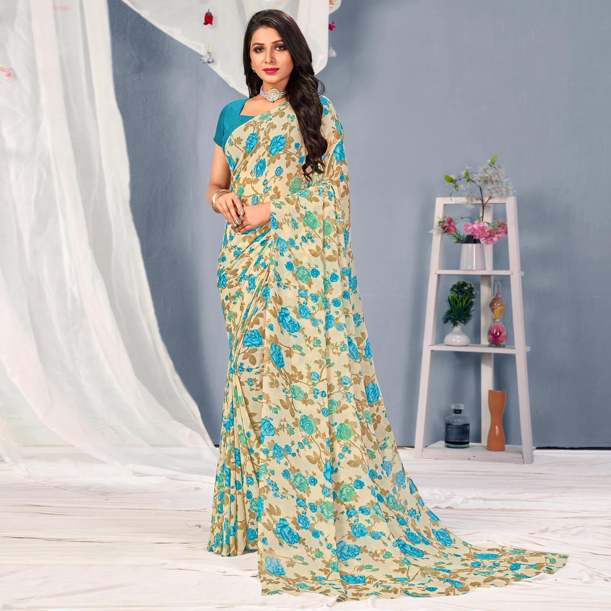 Cream-Blue Floral Printed Georgette Saree - Peachmode