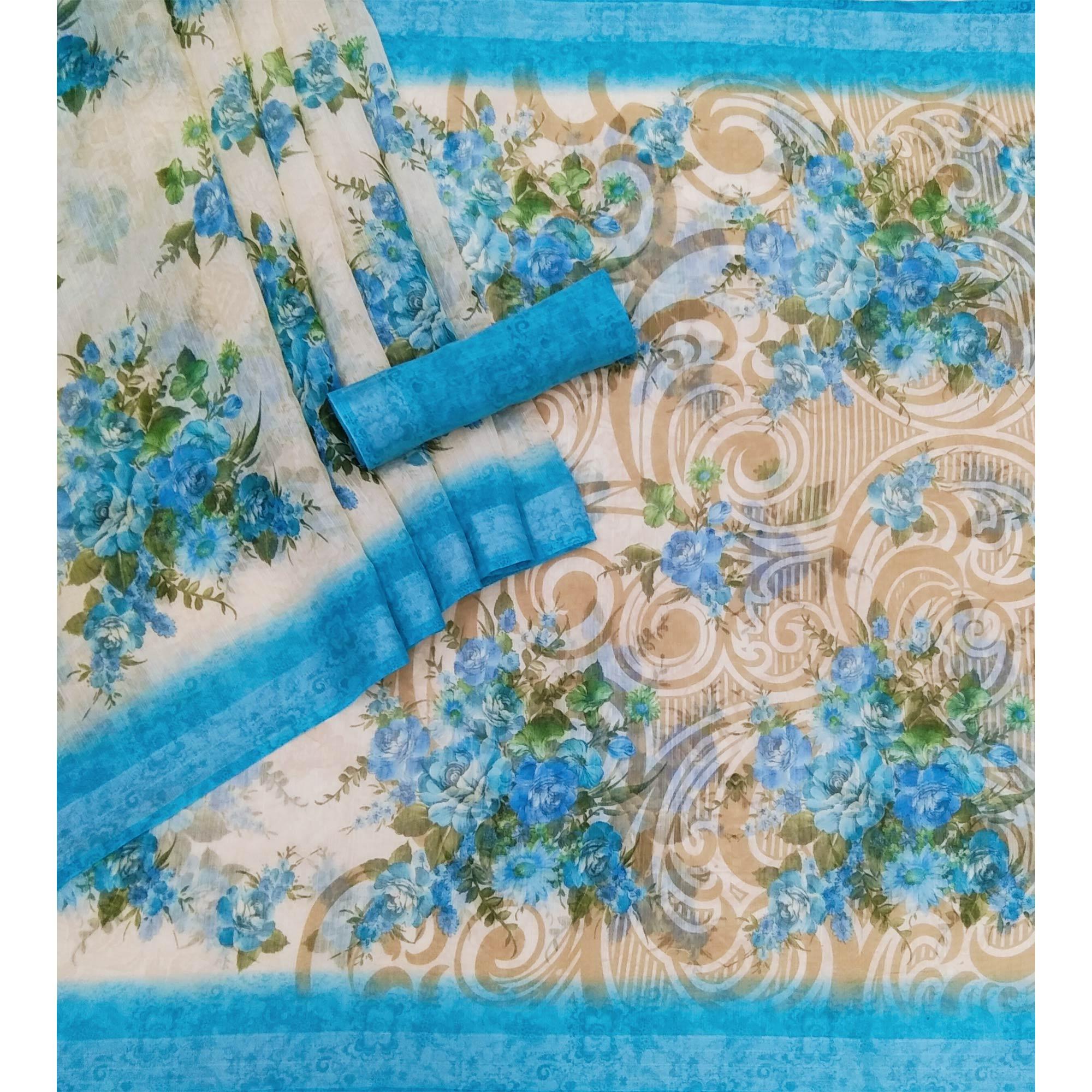 Cream-Blue Floral Printed Linen Saree - Peachmode