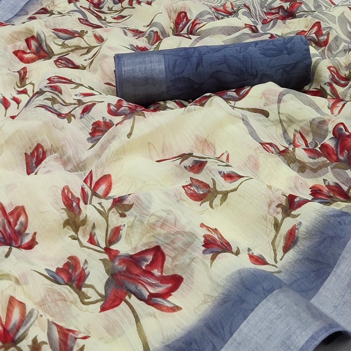 Cream-Blue Printed Linen Saree - Peachmode