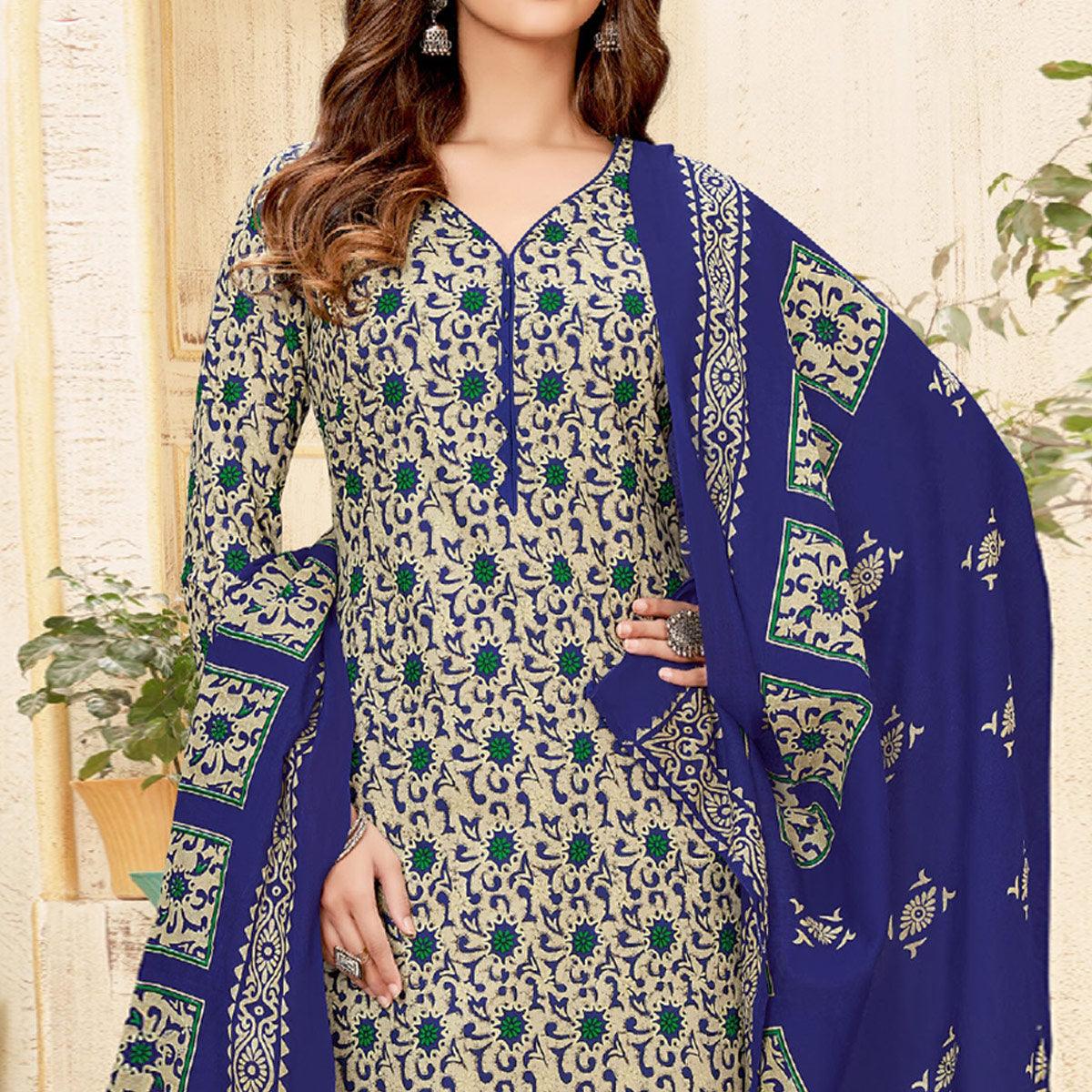 Cream-Blue Printed Pure Cotton Dress Material - Peachmode