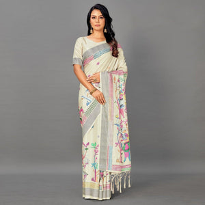 Cream Casual Art Silk Printed Saree With Unstitched Blouse - Peachmode