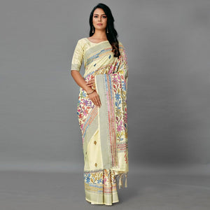 Cream Casual Art Silk Printed Saree With Unstitched Blouse - Peachmode