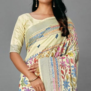 Cream Casual Art Silk Printed Saree With Unstitched Blouse - Peachmode