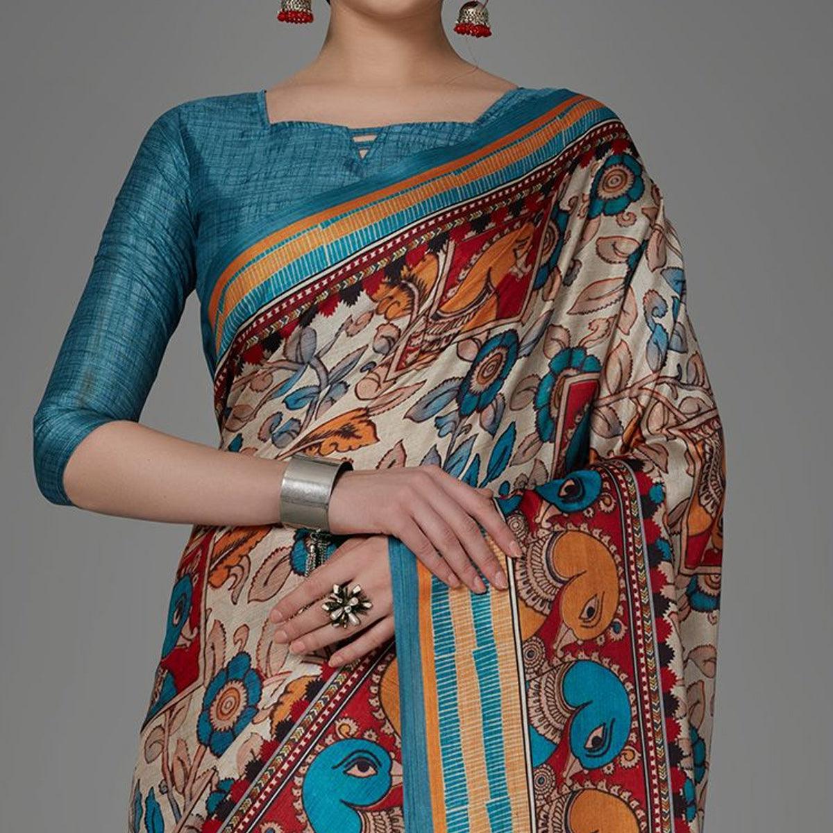 Cream Casual Art Silk Printed Saree With Unstitched Blouse - Peachmode