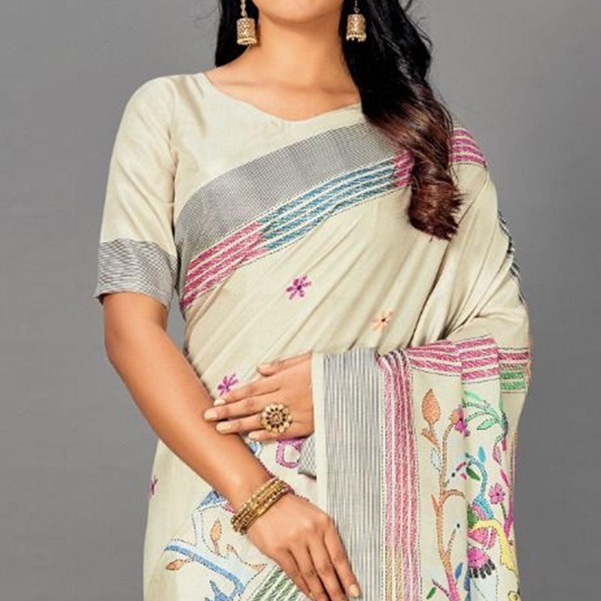 Cream Casual Art Silk Printed Saree With Unstitched Blouse - Peachmode