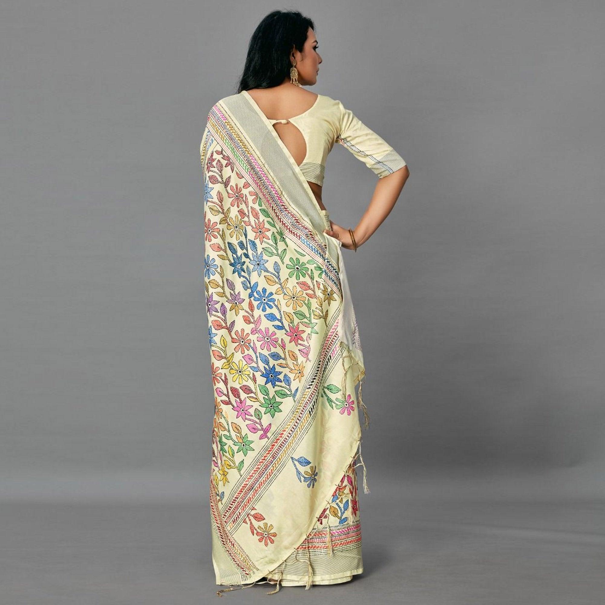 Cream Casual Art Silk Printed Saree With Unstitched Blouse - Peachmode