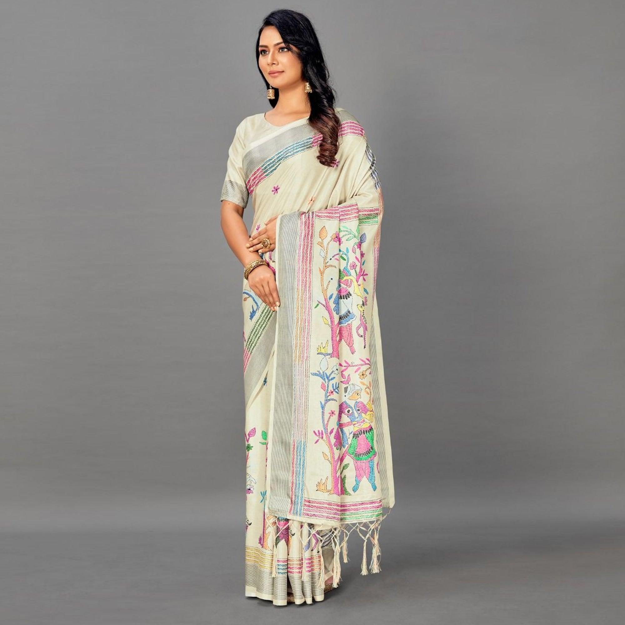 Cream Casual Art Silk Printed Saree With Unstitched Blouse - Peachmode