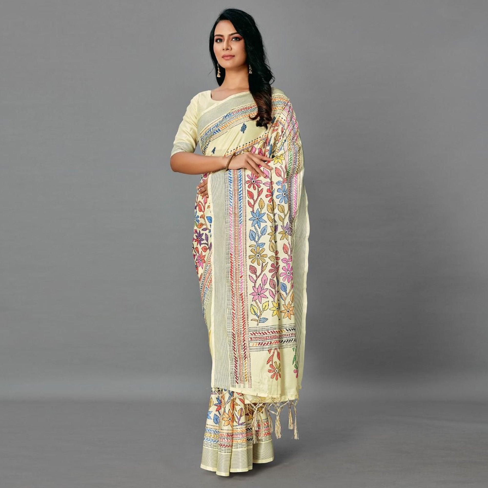 Cream Casual Art Silk Printed Saree With Unstitched Blouse - Peachmode