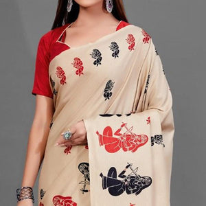 Cream Casual Manipuri Silk Saree With Unstitched Blouse - Peachmode