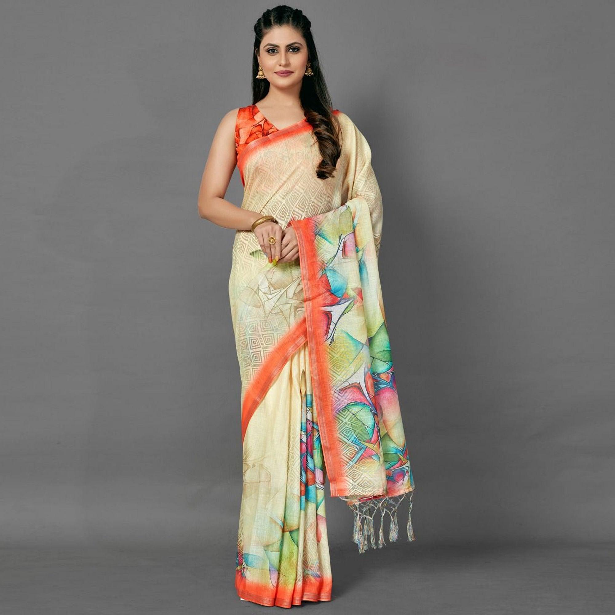 Cream Casual Pure Linen Digital Print Saree With Unstitched Blouse - Peachmode
